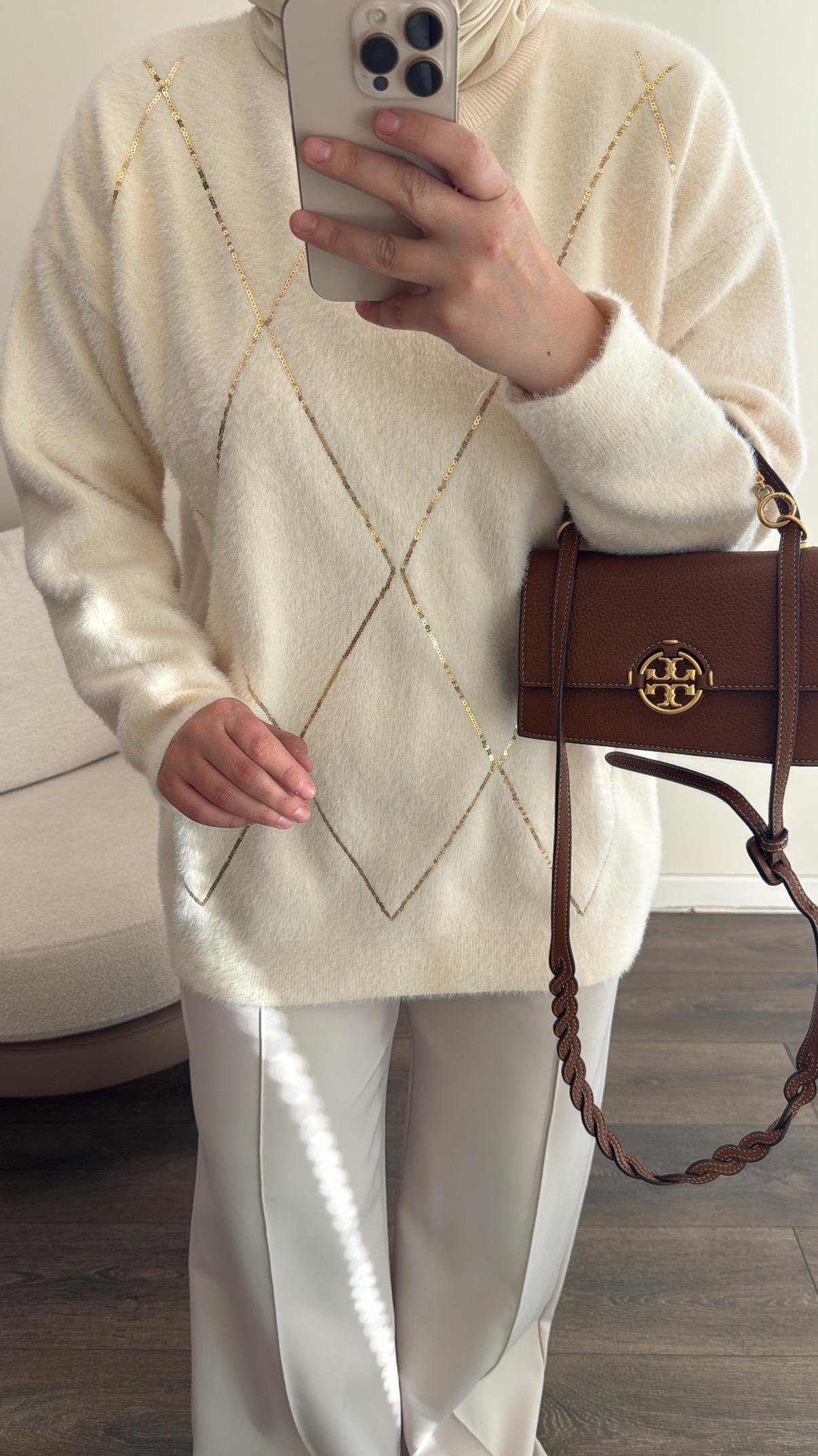 Baklava Desen Pullu Kazak - Ekru