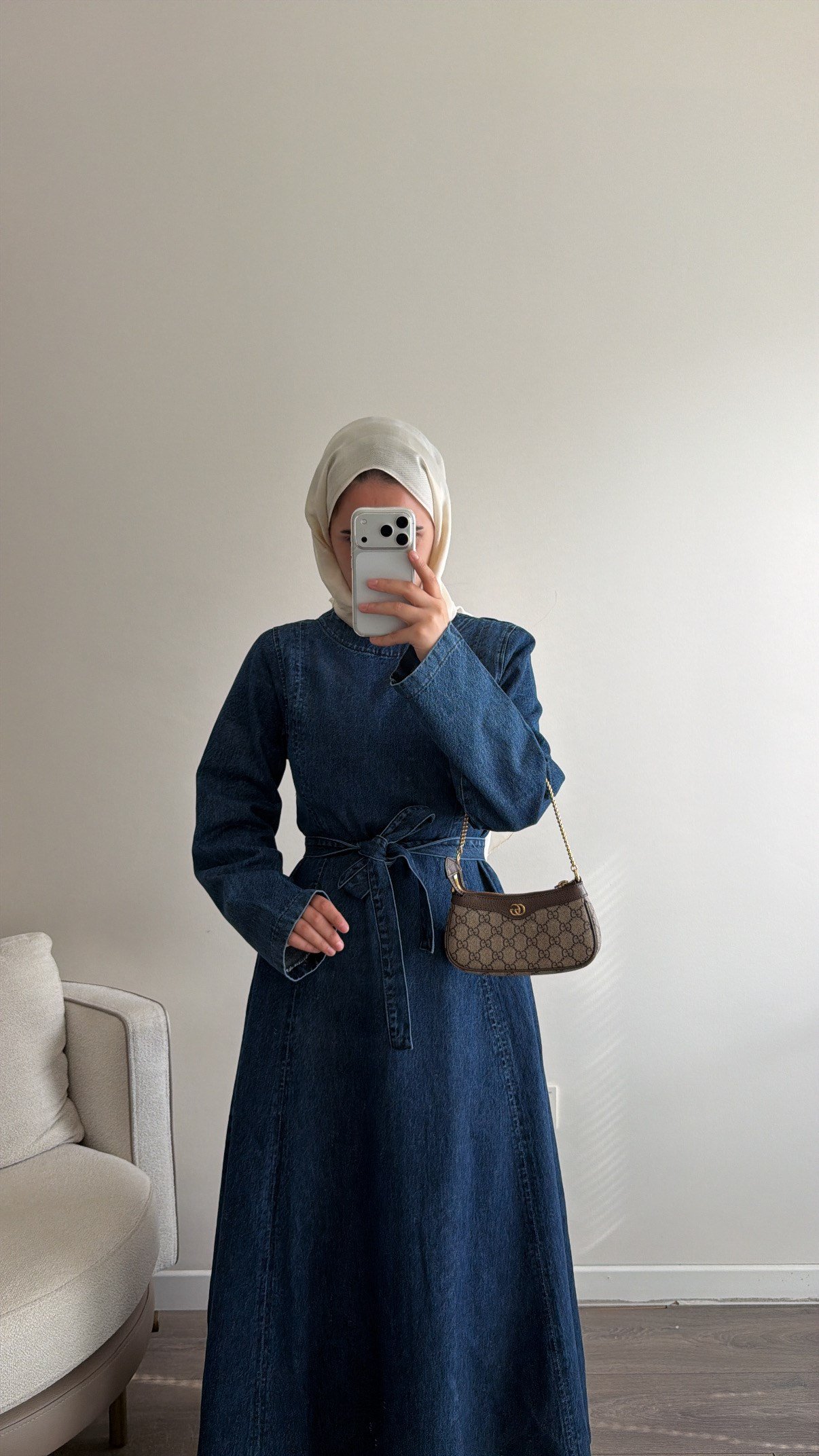 Belden Oturtma Detaylı Denim Lacivert Elbise