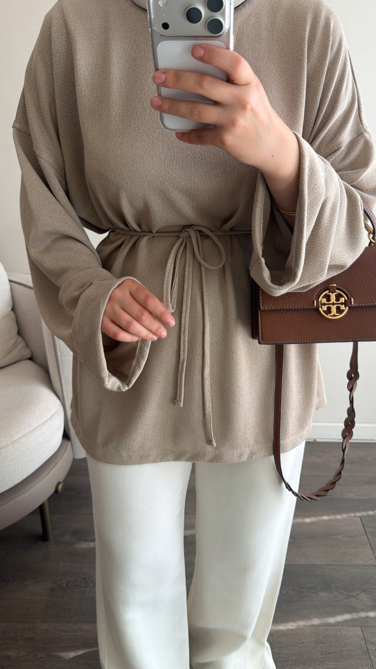 Beli Bağlama Detaylı Fitilli Tunik - Bej