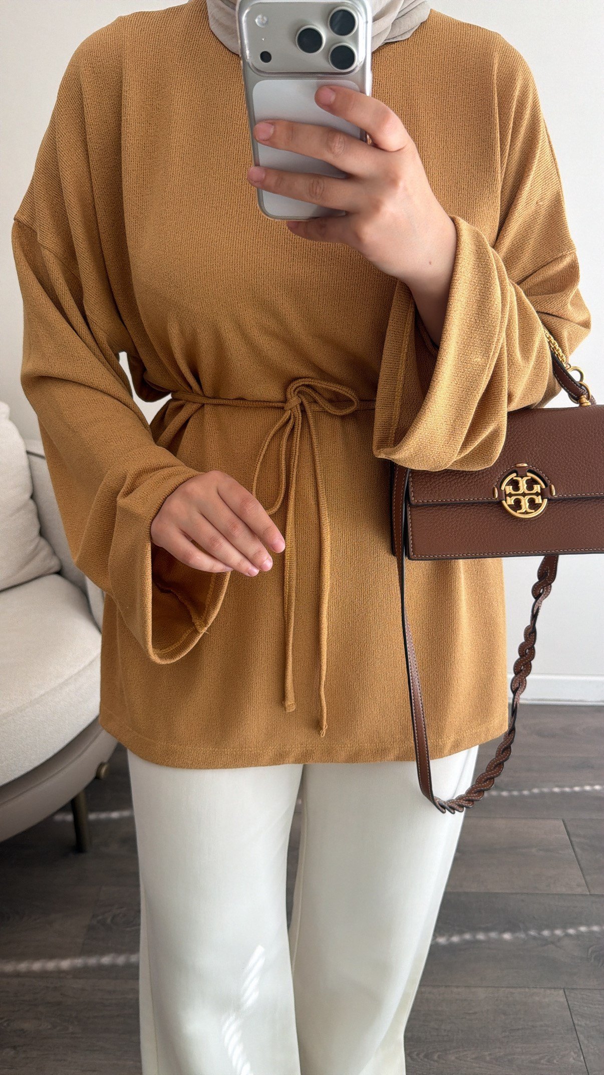 Beli Bağlama Detaylı Fitilli Tunik - Hardal
