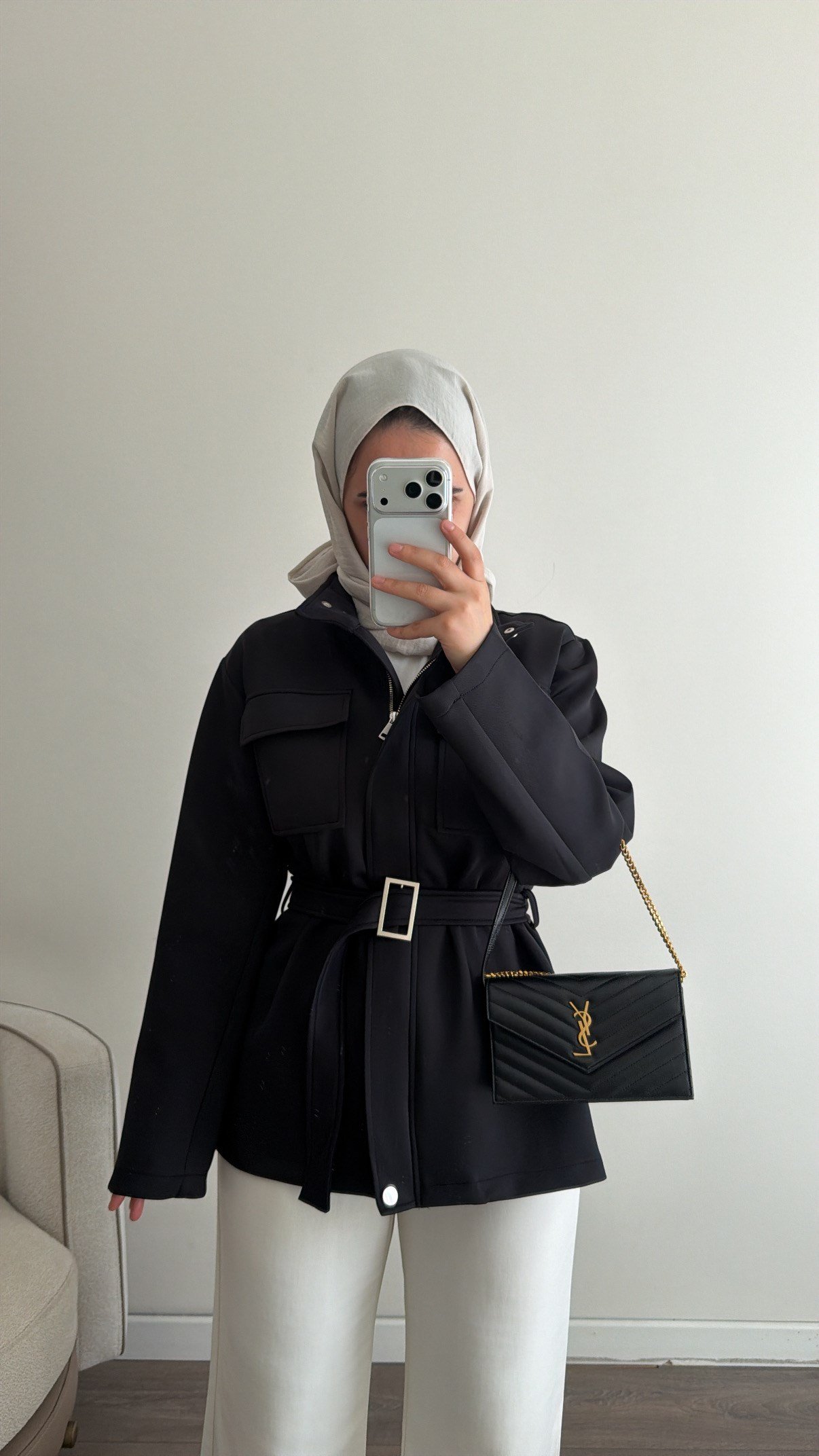 Dik Yaka Kemerli Premium Ceket - Siyah
