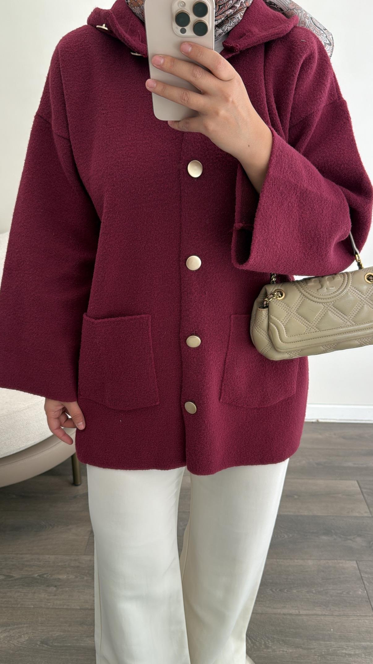 Dora Kapüşonlu Hırka - Mürdüm