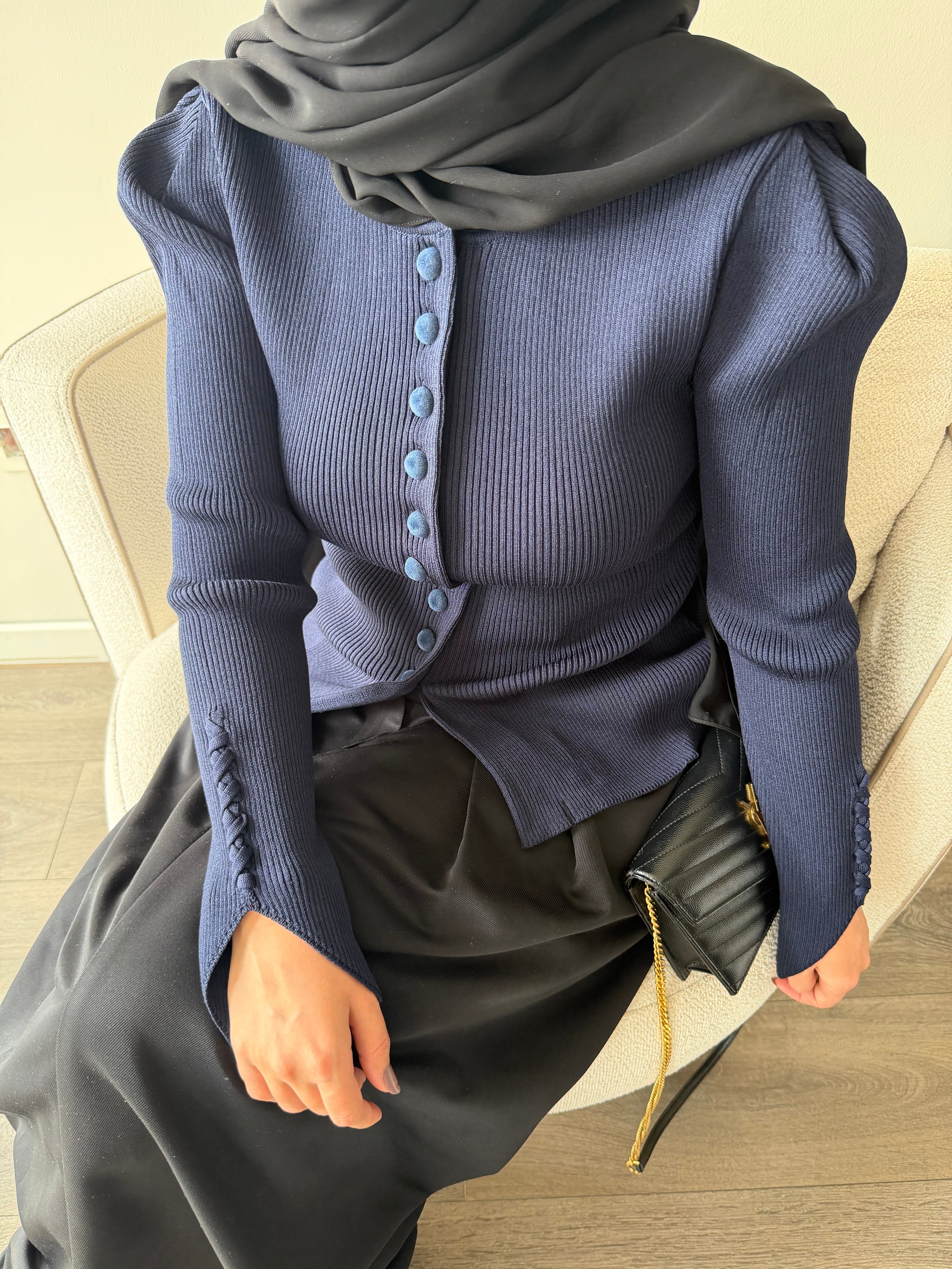 Düğme Detaylı Kolları Bağlamalı Hırka - Lacivert