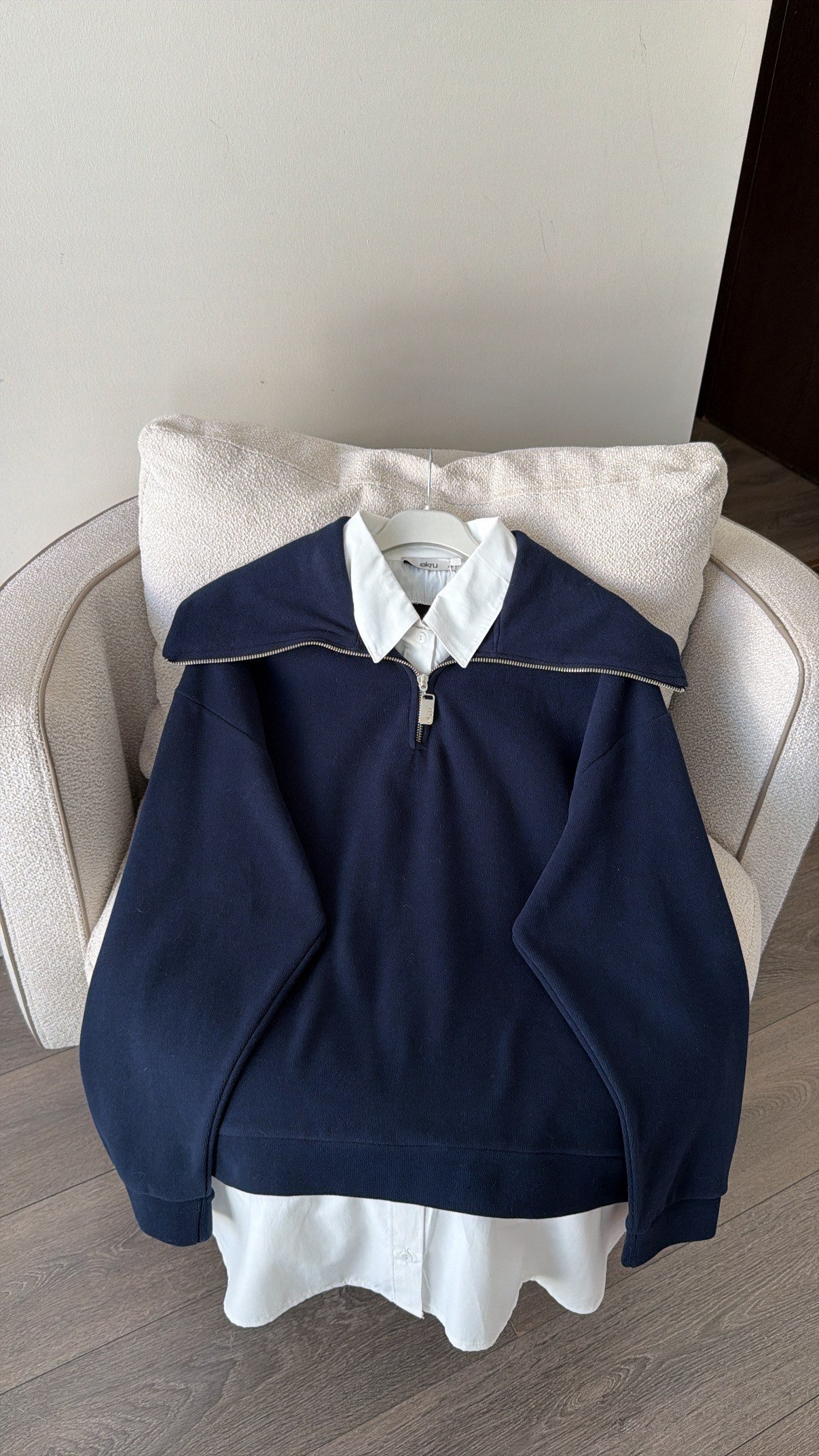 Fermuar Yaka Detaylı Kendinden Gömlekli Sweatshirt - Lacivert