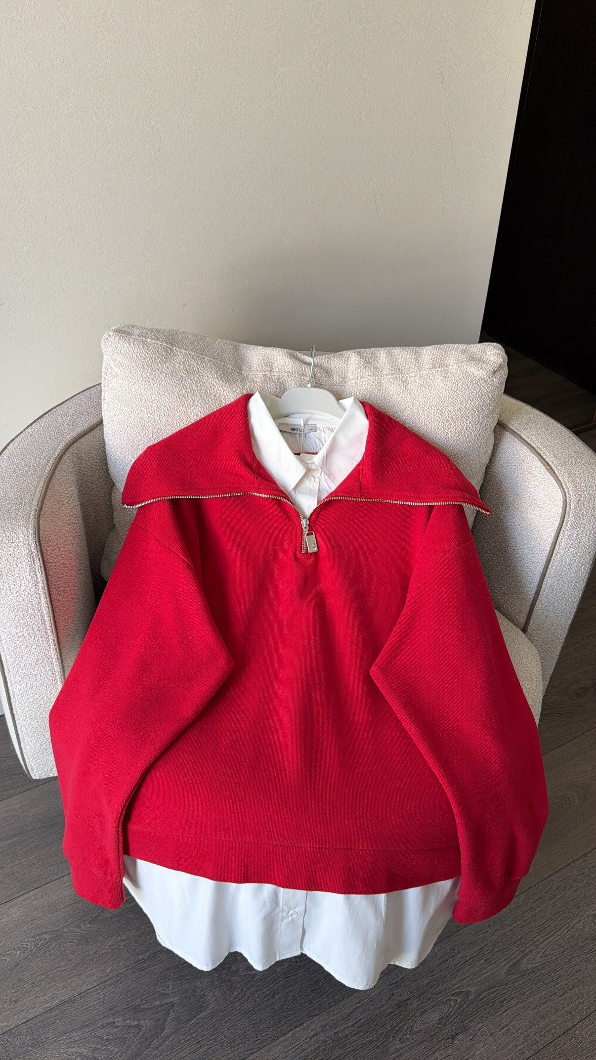 Fermuarlı Yaka Detaylı Kendinden Gömlekli Sweatshirt - Kırmızı