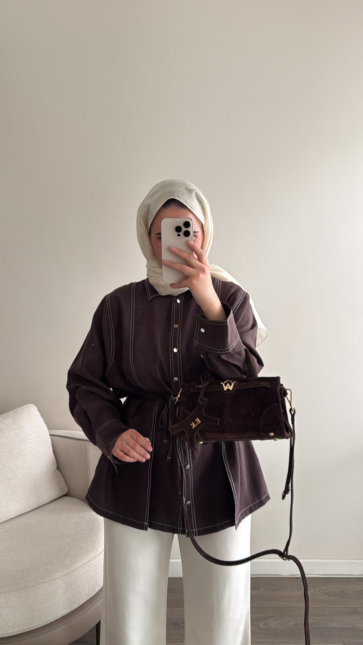 Gardenya Çift Dikiş Detaylı Kahve Gömlek