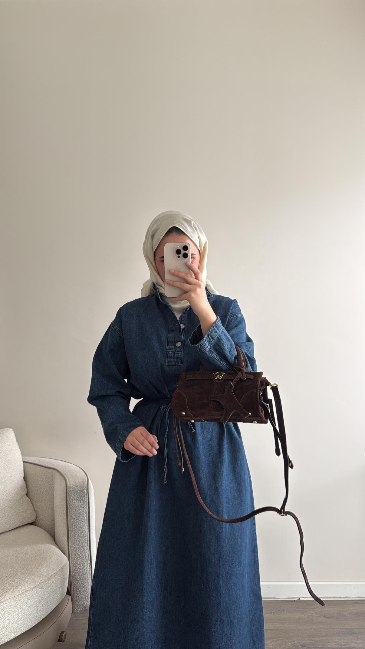Gina Yaka Detaylı Lacivert Denim Elbise