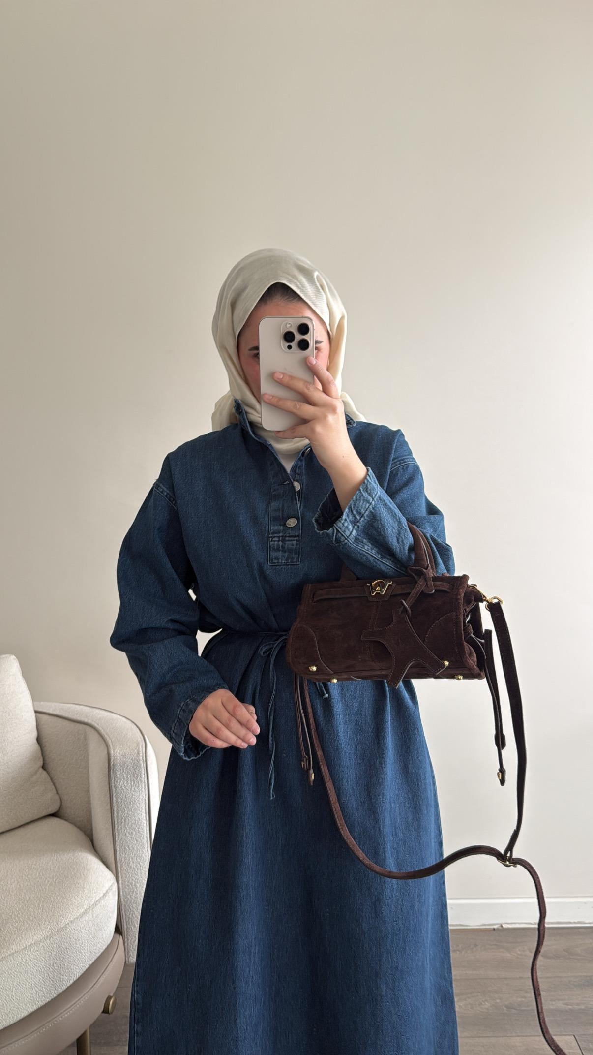 Gina Yaka Detaylı Lacivert Denim Elbise