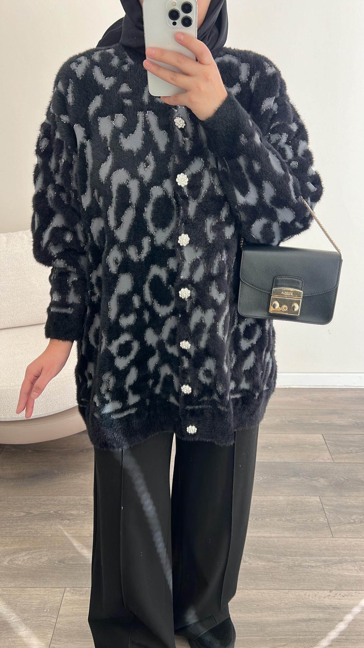 Leopar Desen Yumoş Hırka - Siyah
