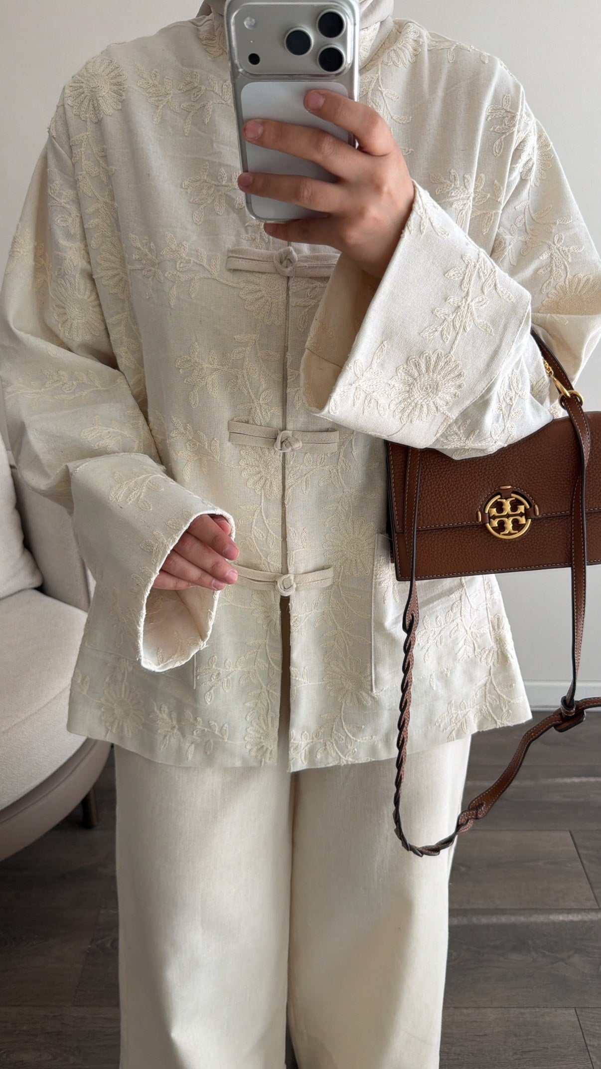 Nakış Detaylı Çiçek Desen Keten Kimono Ceket