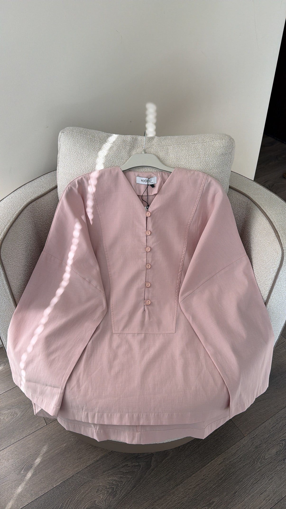 V Yaka Oversize Bluz - Toz Pembe