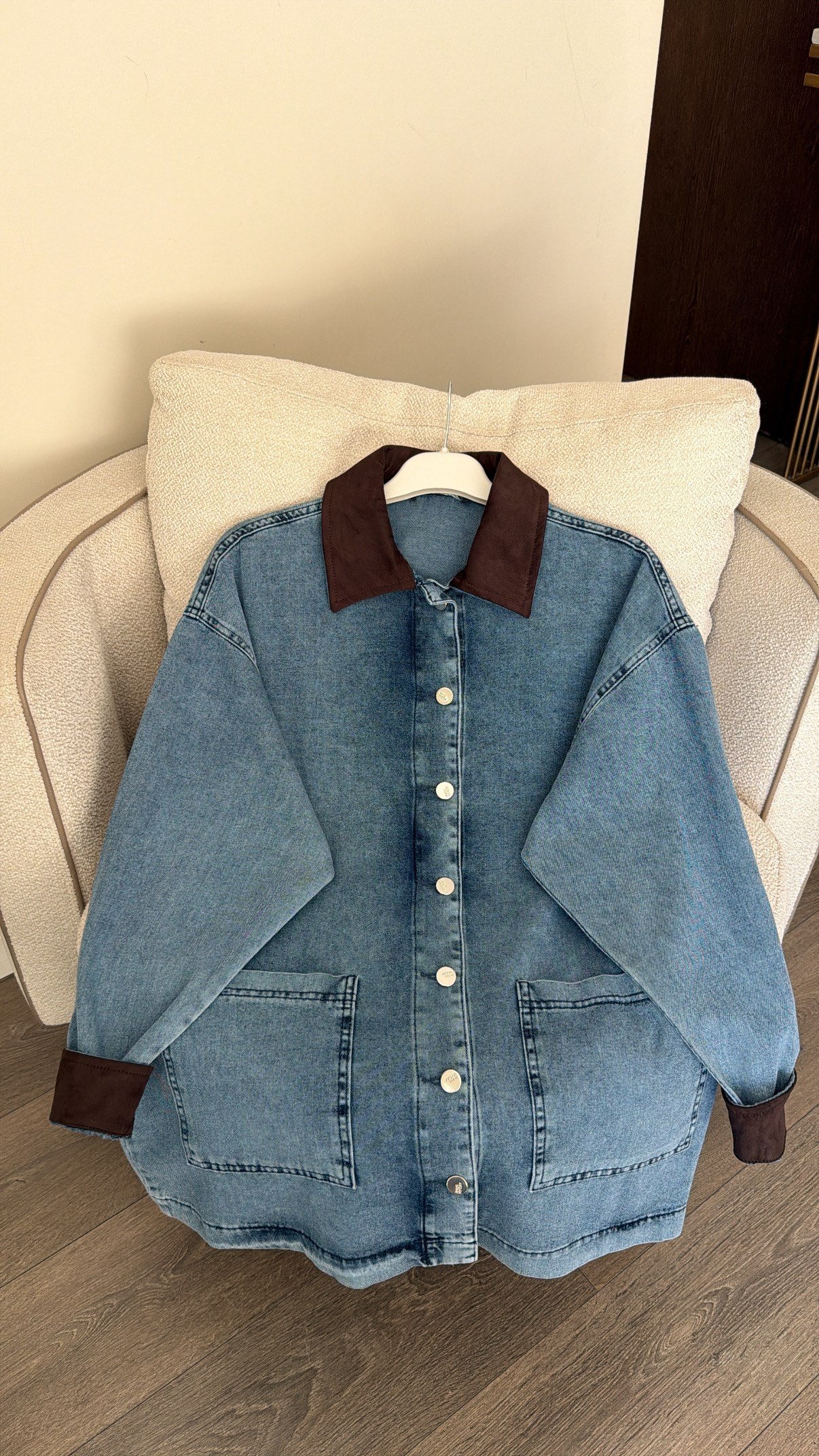 Yaka ve Kolları Süet Detaylı Denim Ceket - Açık Mavi