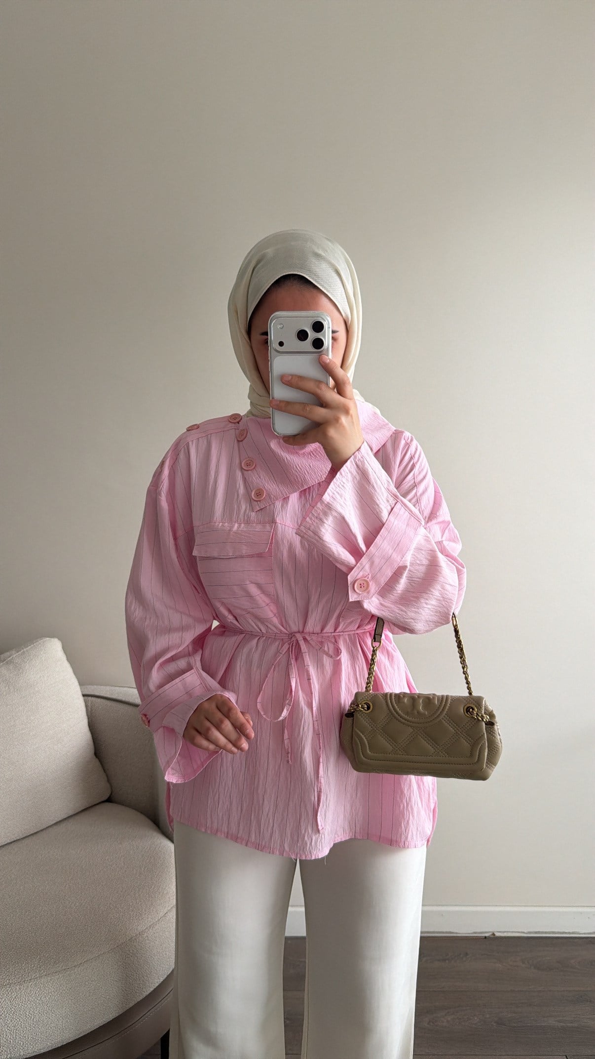Yakası Düğme Detaylı Çizgili Gömlek - Pembe