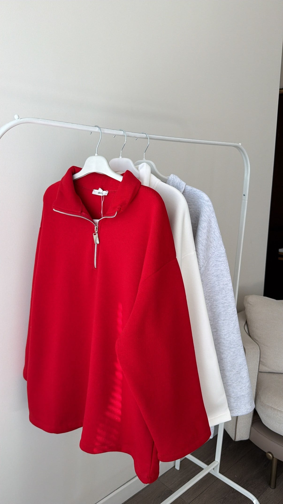 Yarım Fermuarlı Dik Yaka Sweatshirt - Gri