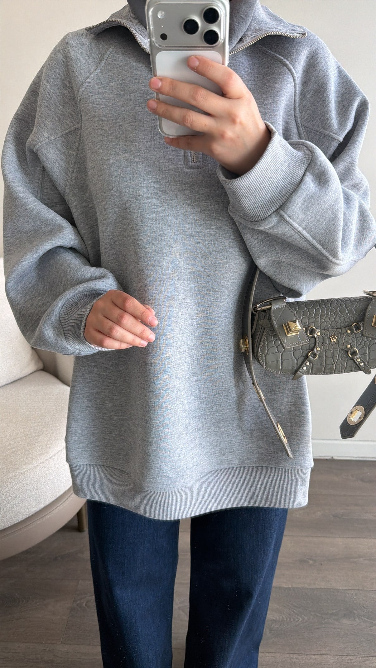 Yarım Fermuarlı Sweatshirt - Gri