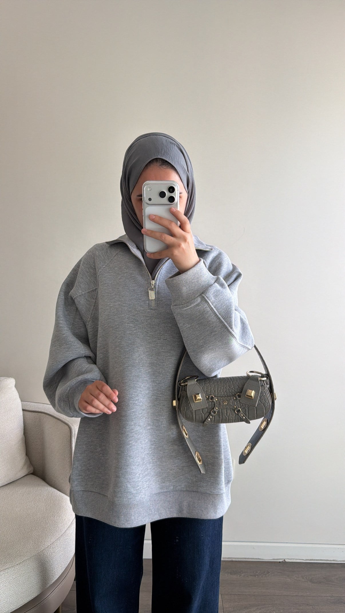 Yarım Fermuarlı Sweatshirt - Gri