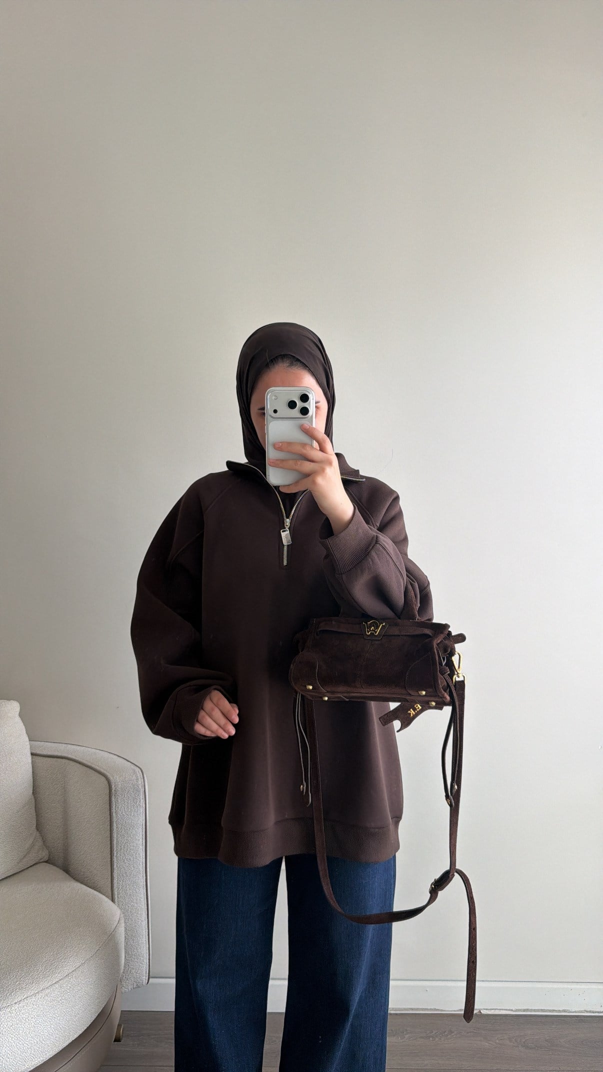 Yarım Fermuarlı Sweatshirt - Kahve