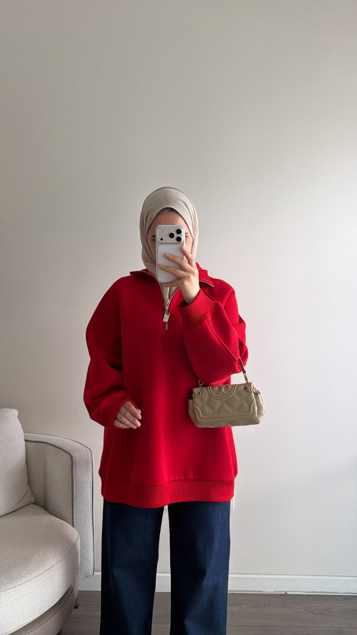 Yarım Fermuarlı Sweatshirt - Kırmızı
