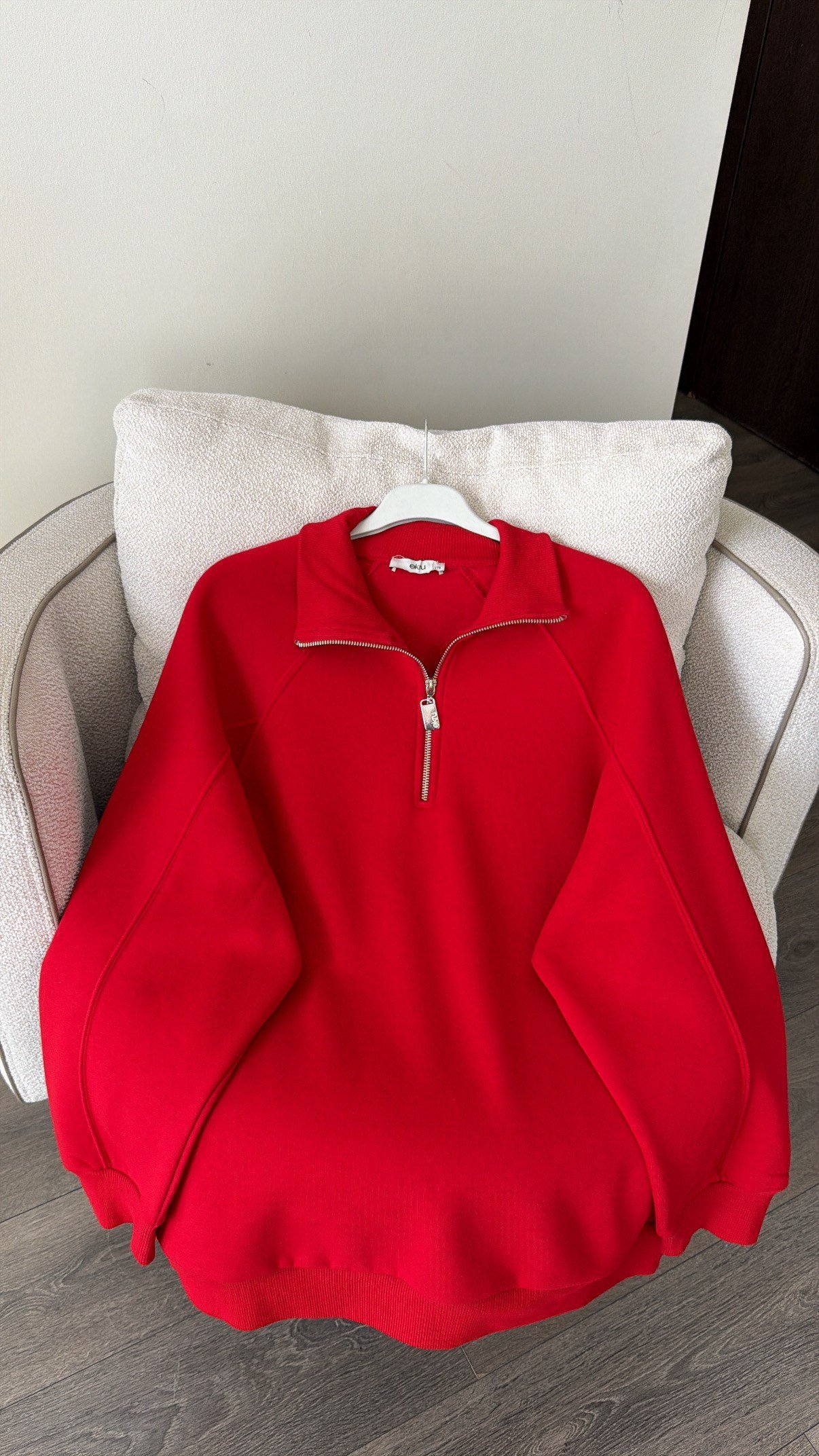 Yarım Fermuarlı Sweatshirt - Kırmızı