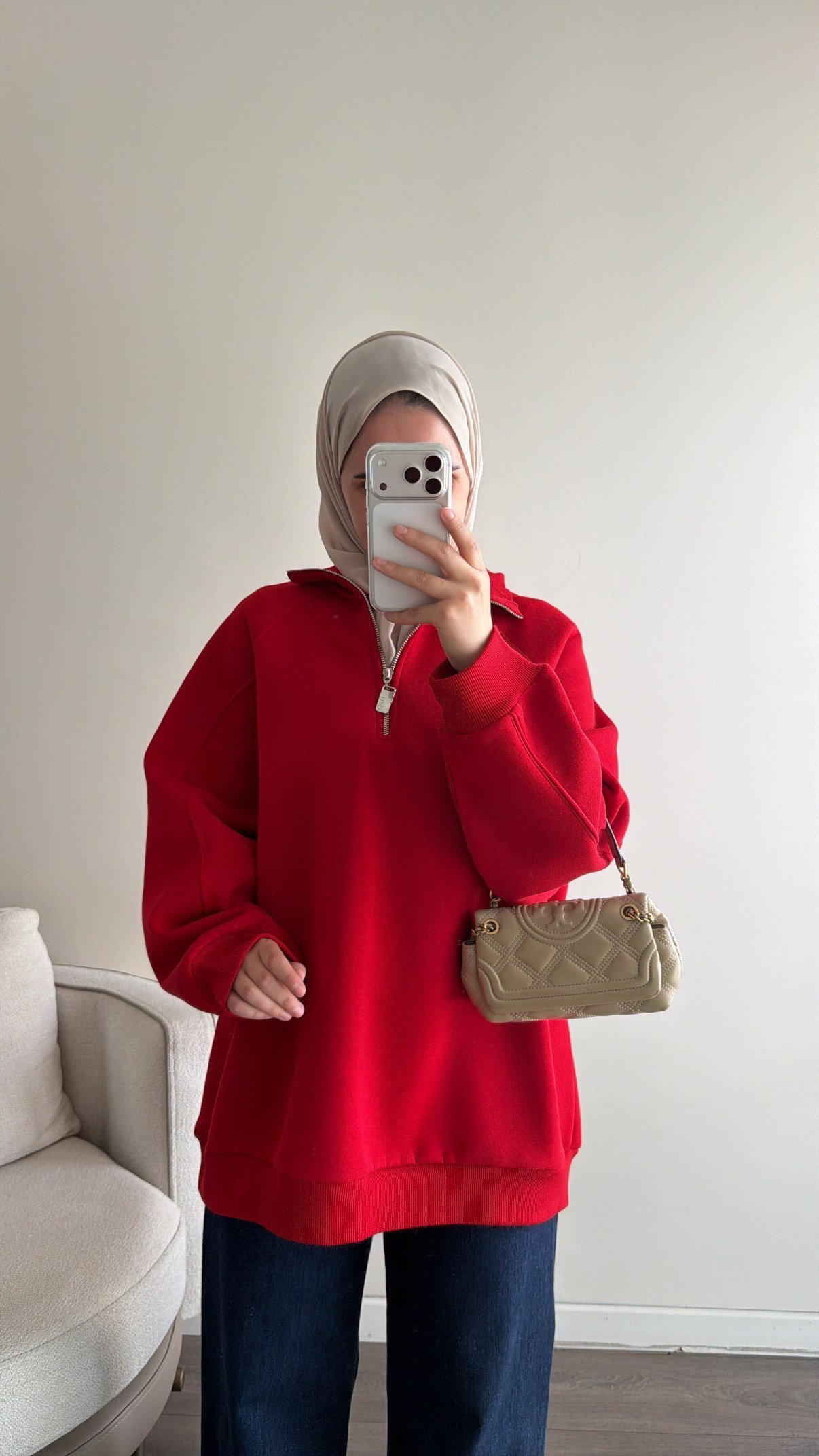Yarım Fermuarlı Sweatshirt - Kırmızı