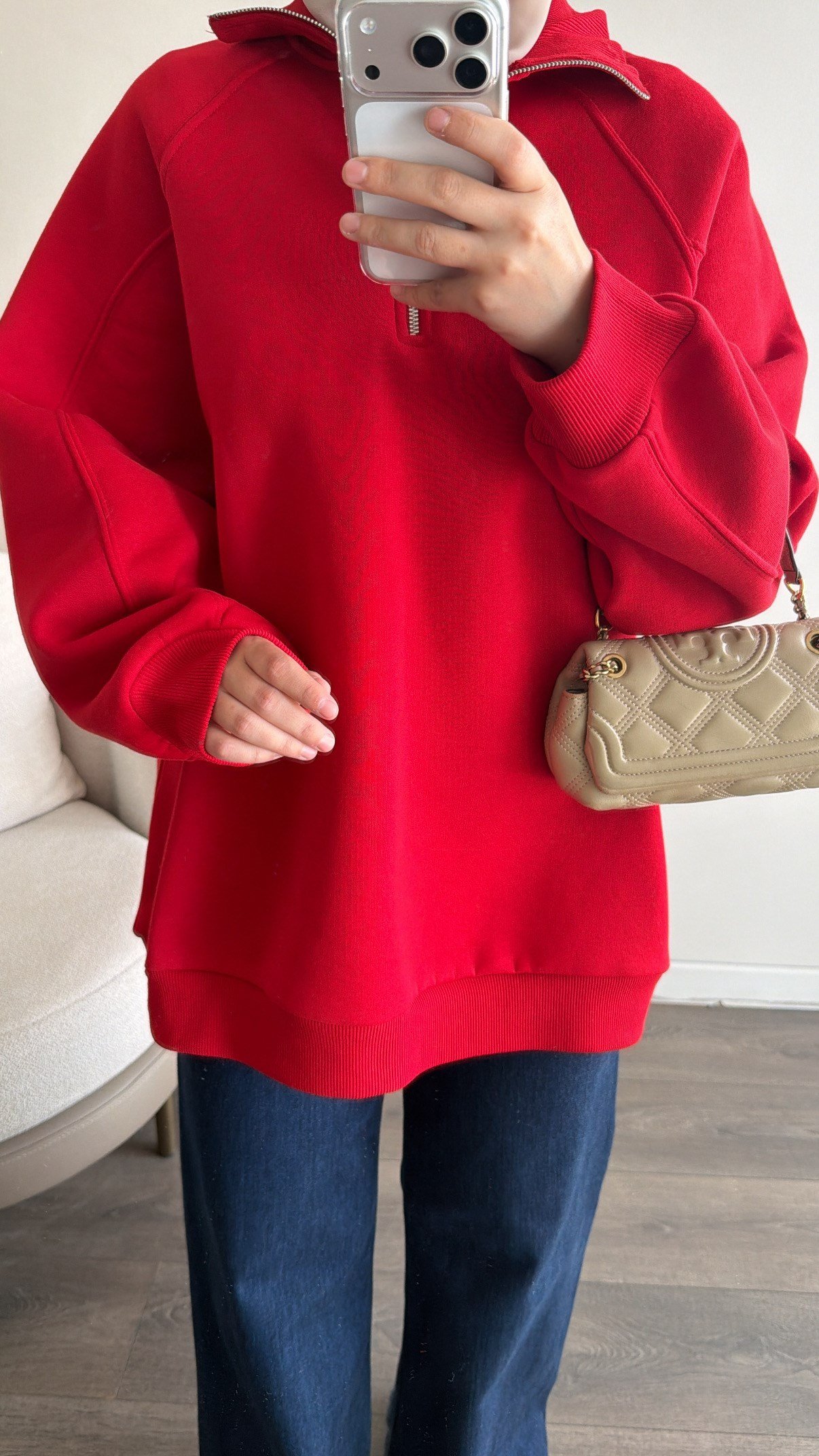 Yarım Fermuarlı Sweatshirt - Kırmızı
