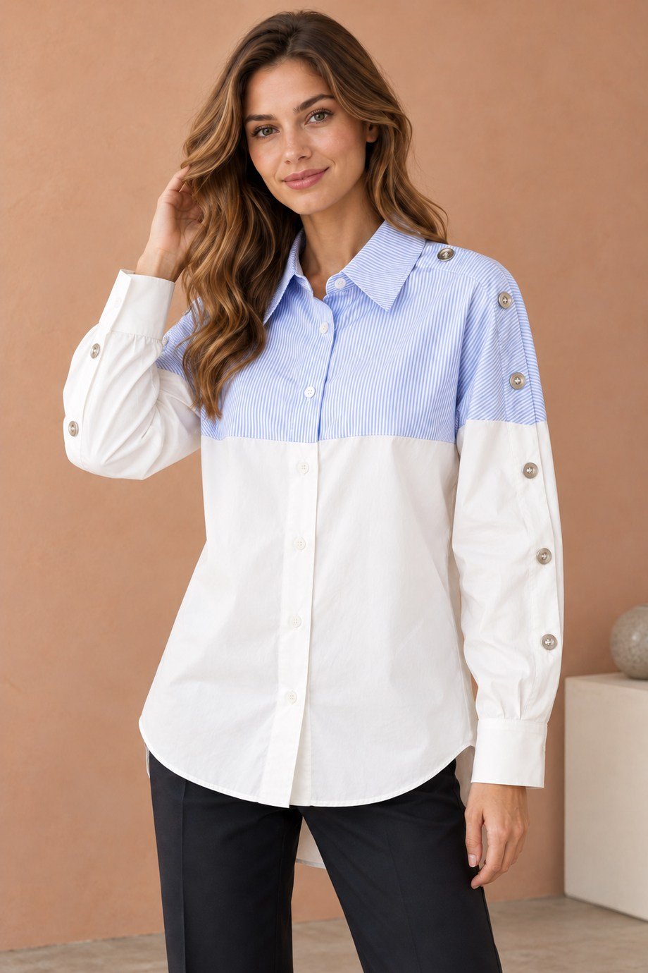 BEBE PLUS28990-2K7 BEBE PLUS GÖMLEK-EKRU MAVİ