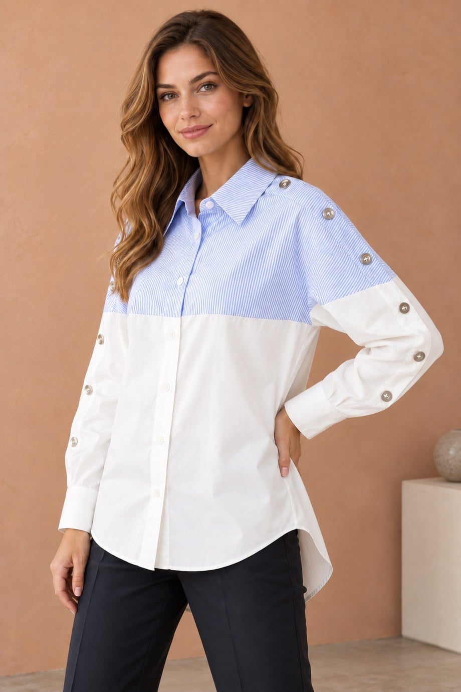 BEBE PLUS28990-2K7 BEBE PLUS GÖMLEK-EKRU MAVİ