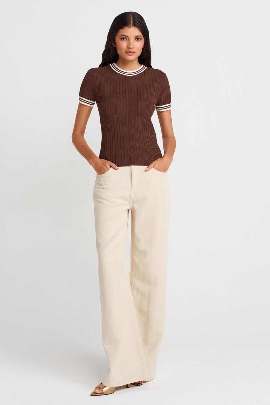 DİLVİN10765-2Y5 DİLVİN BLUZKAHVE KREM