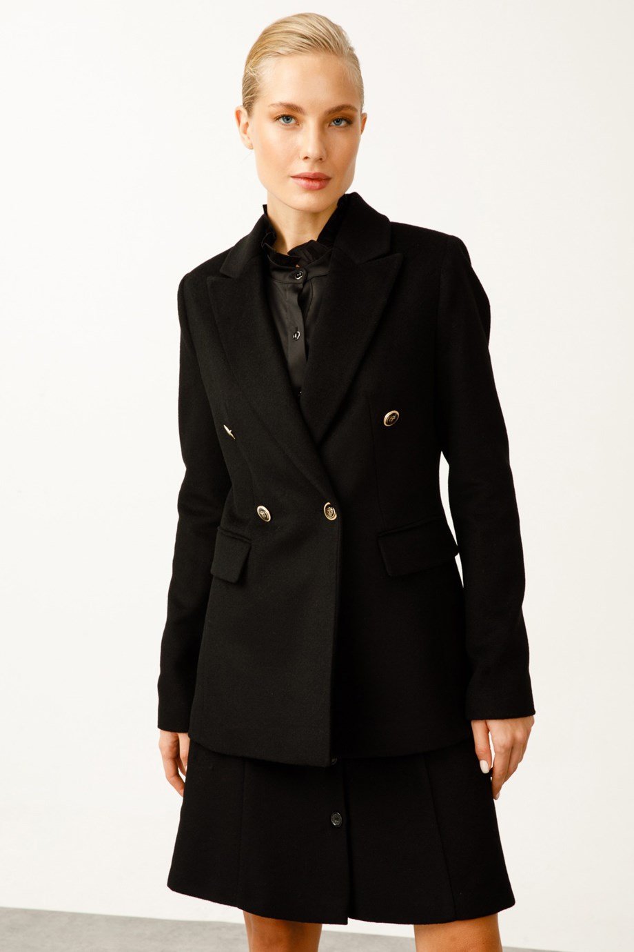 Ekol Blazer Düğmeli Siyah Kadın  Kaşe Ceket 5041-2K3