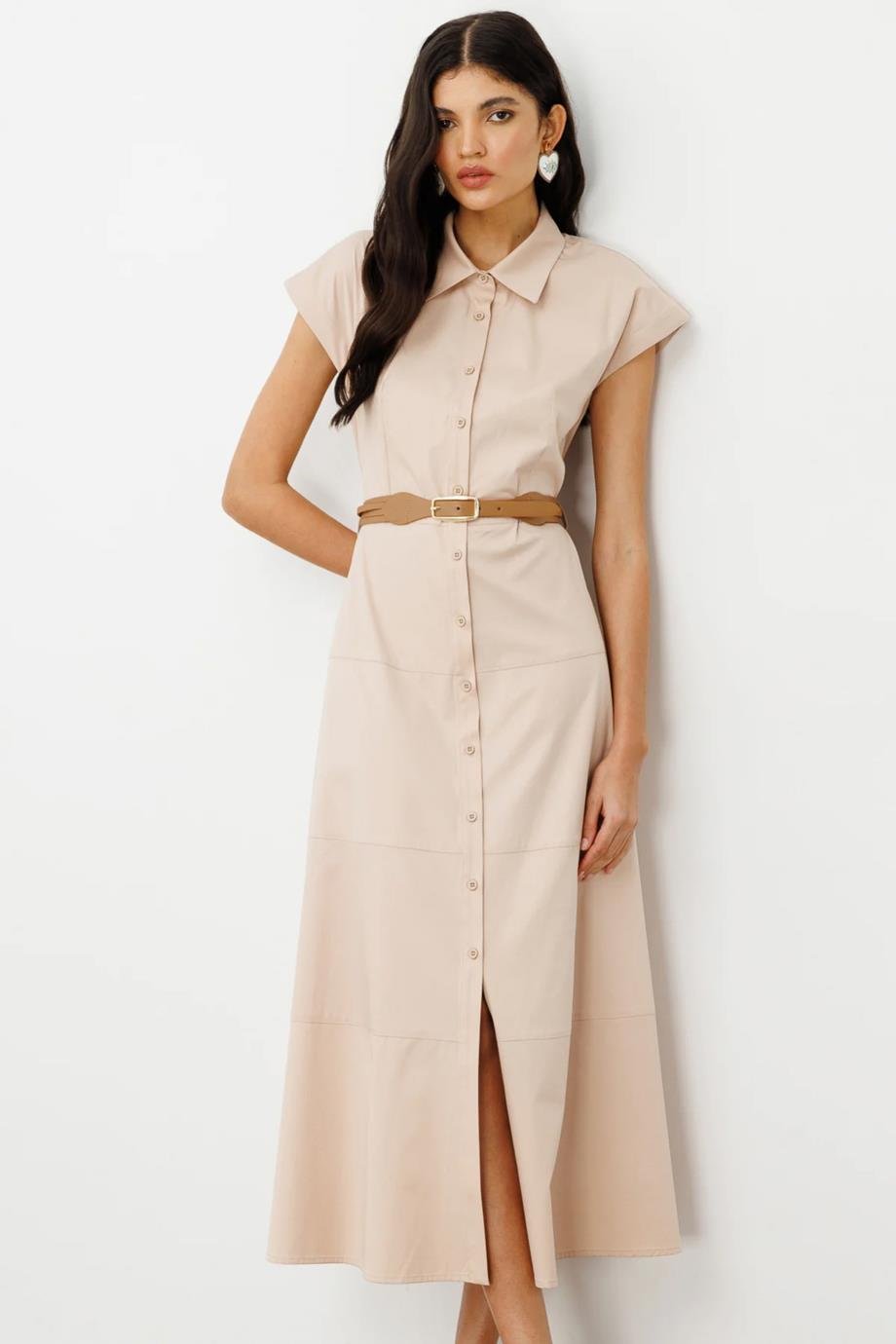 EKOLBeli Kemerli Düğmeli Bej Kadın  Elbise  5076-2Y5 