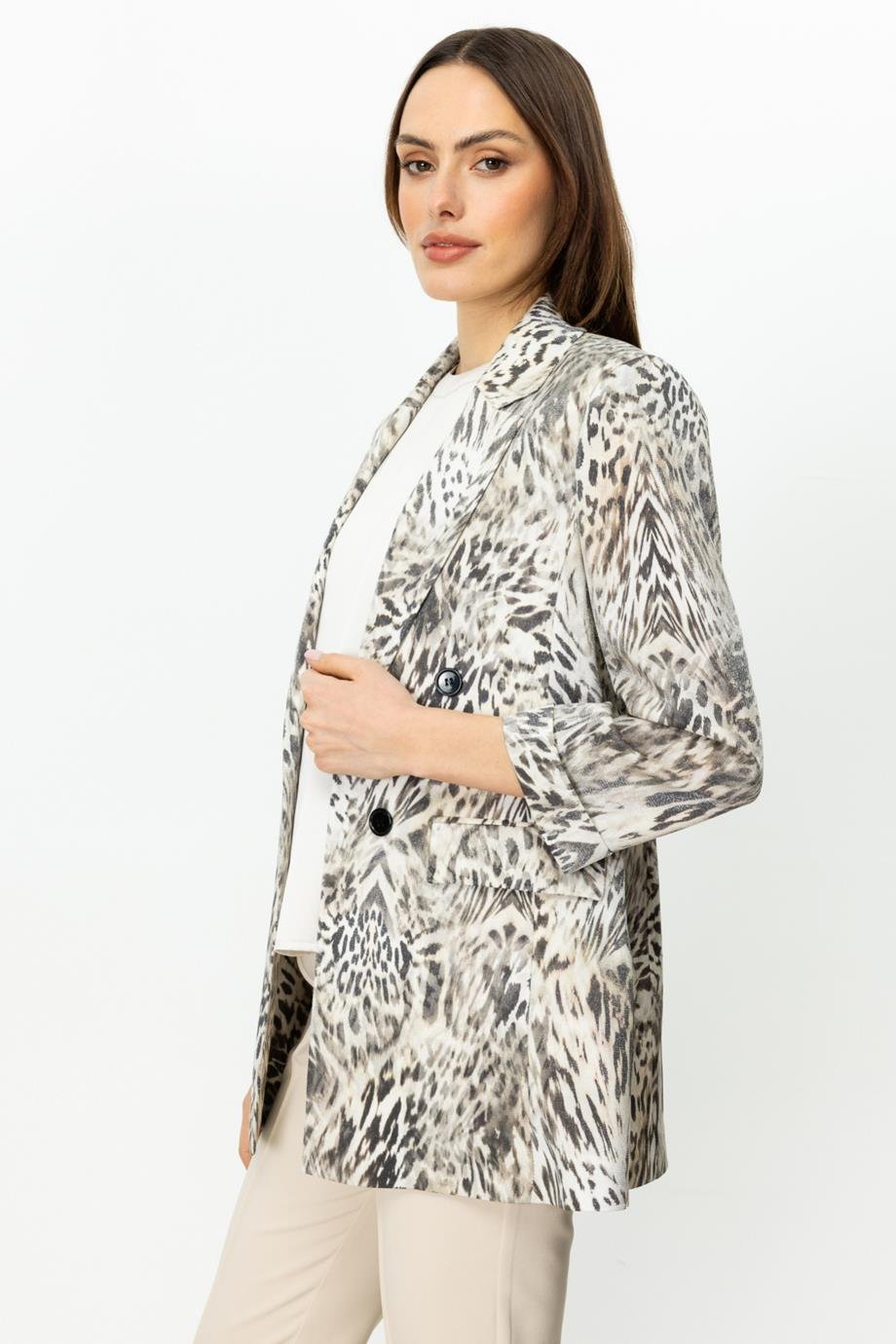 EKOLSüs Düğmeli Duble Kol Kum Kadın  Ceket 4094-2Y5