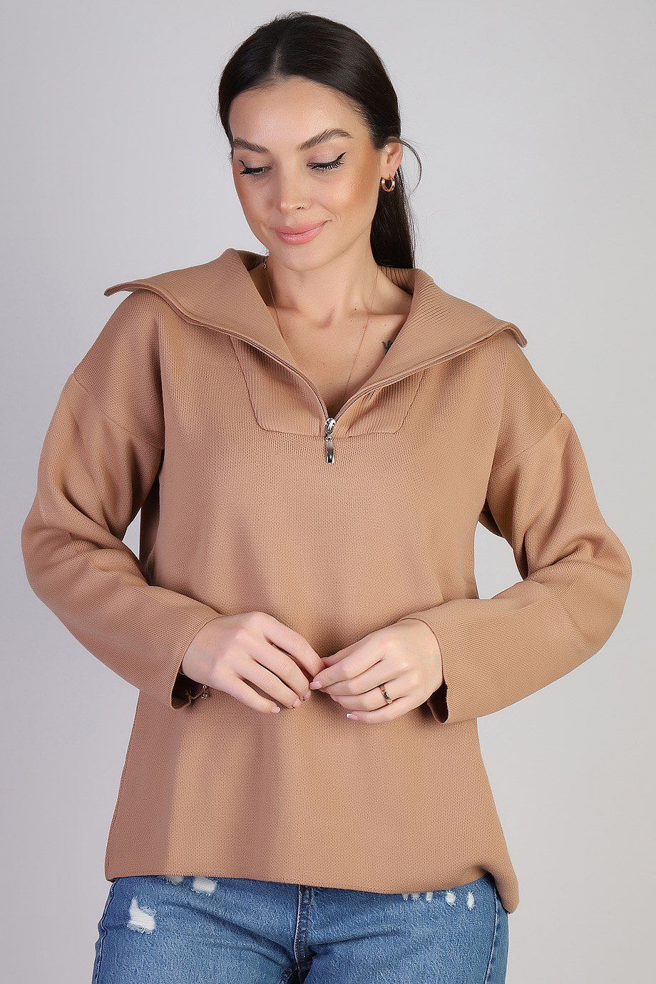 FERMUARLI BEJ TRİKO KADIN KAZAK  3552-2K3 