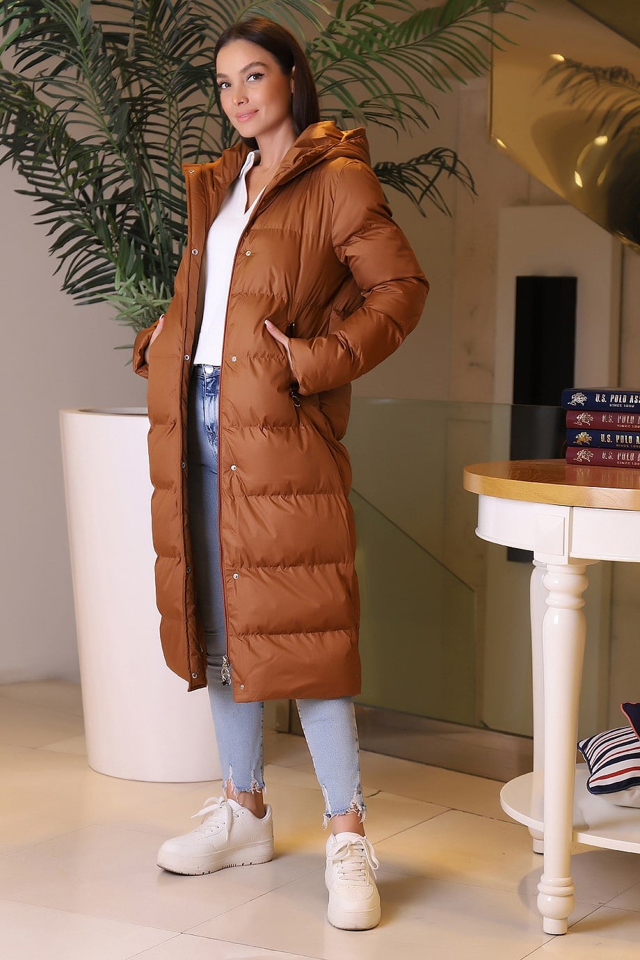 Kapüşonlu Uzun Şişme Taba  Mont 89503-2K3