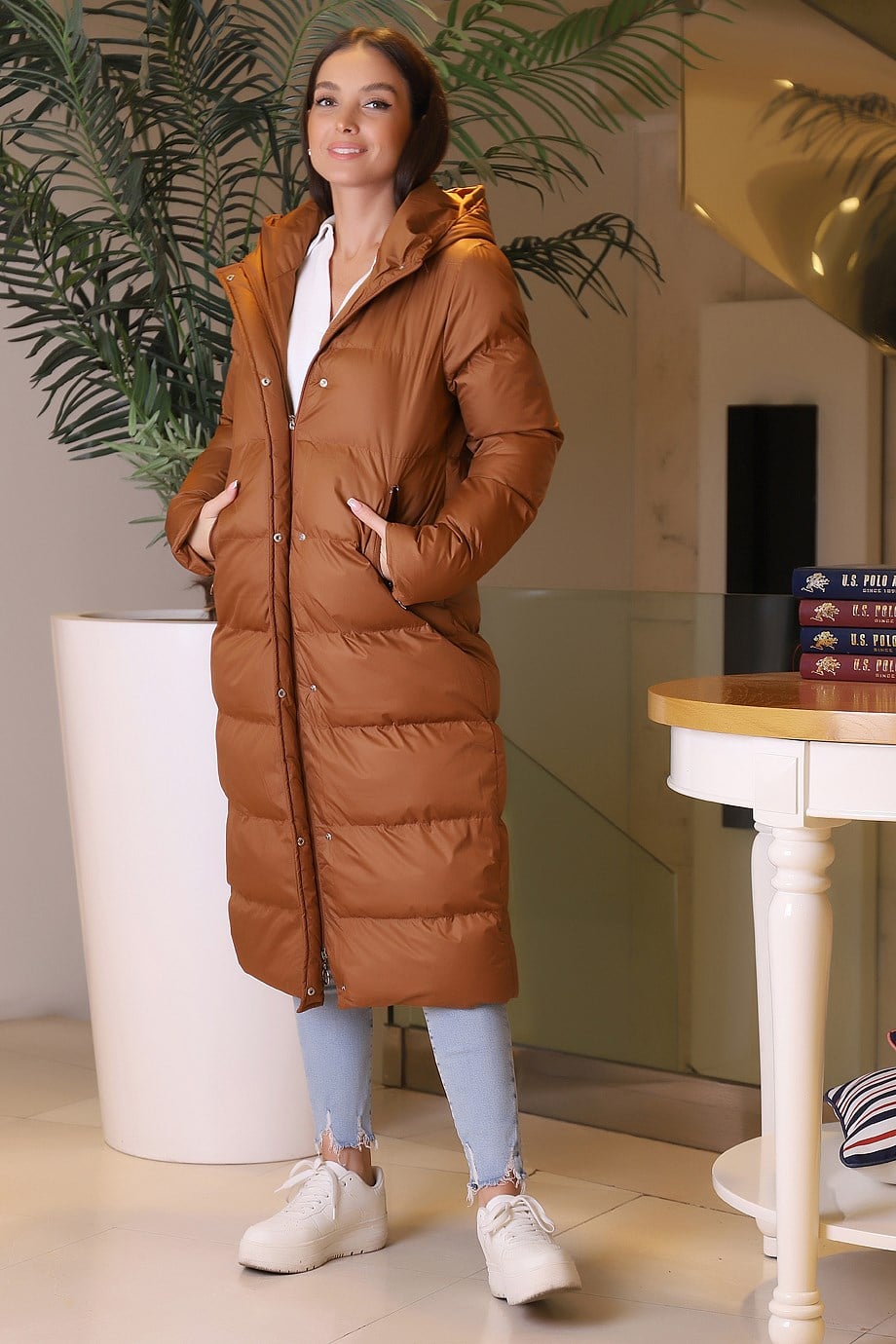 Kapüşonlu Uzun Şişme Taba  Mont 89503-2K3