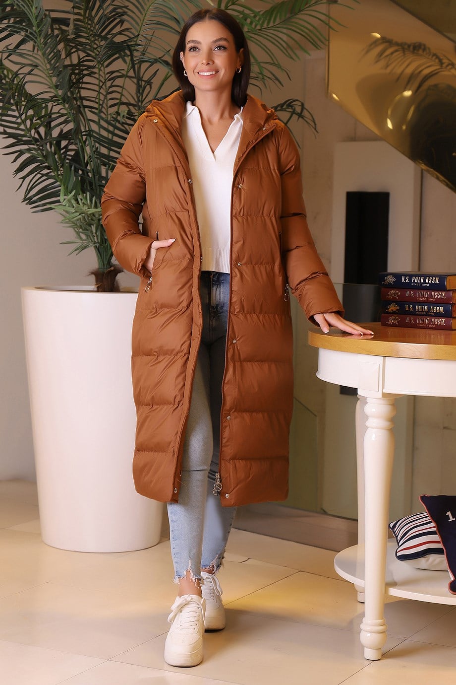 Kapüşonlu Uzun Şişme Taba  Mont 89503-2K3