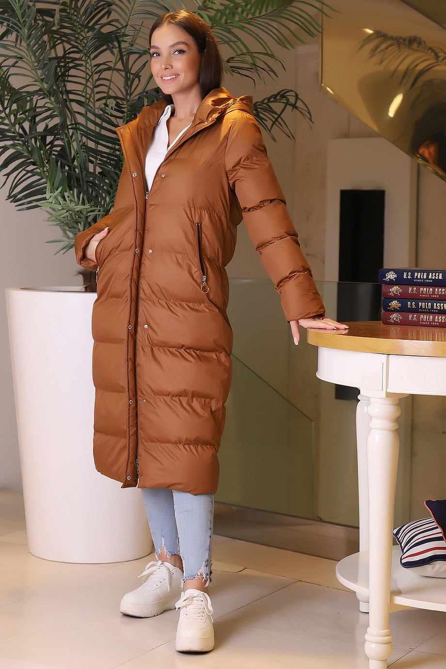Kapüşonlu Uzun Şişme Taba  Mont 89503-2K3