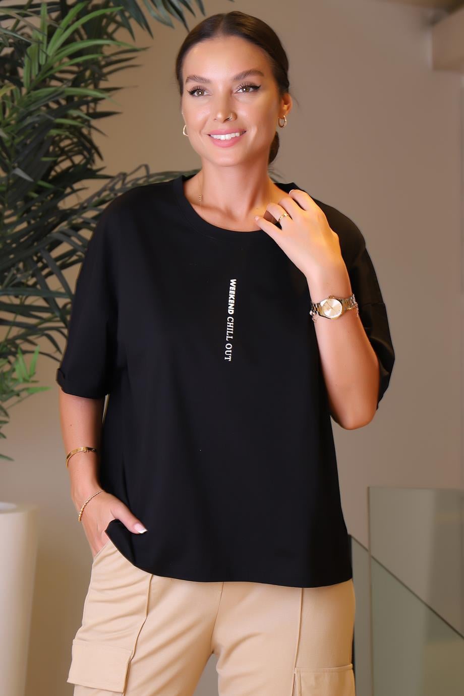 KISA KOLLU SIFIR YAKA SİYAH KADIN BLUZ 0674-2Y3 