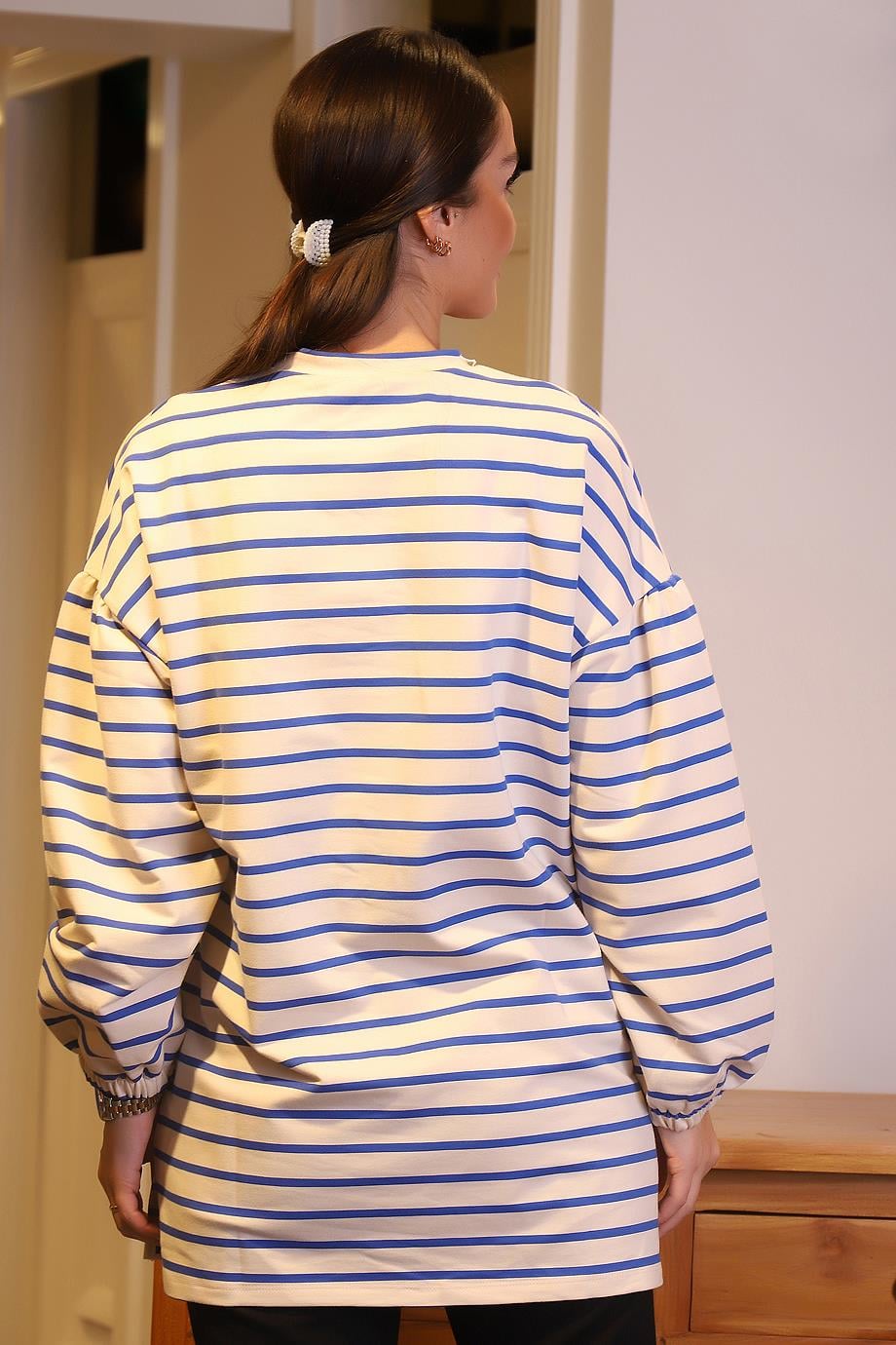 MAGAZİN6952-2K4 MAGAZİN SWEATÇİZGİLİ İNDİGO