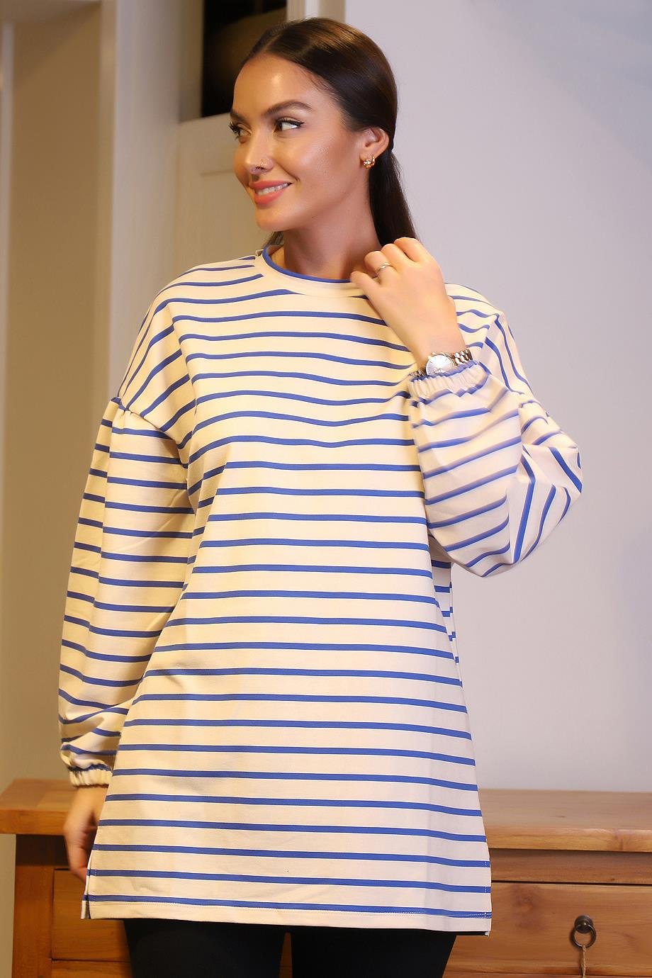 MAGAZİN6952-2K4 MAGAZİN SWEATÇİZGİLİ İNDİGO