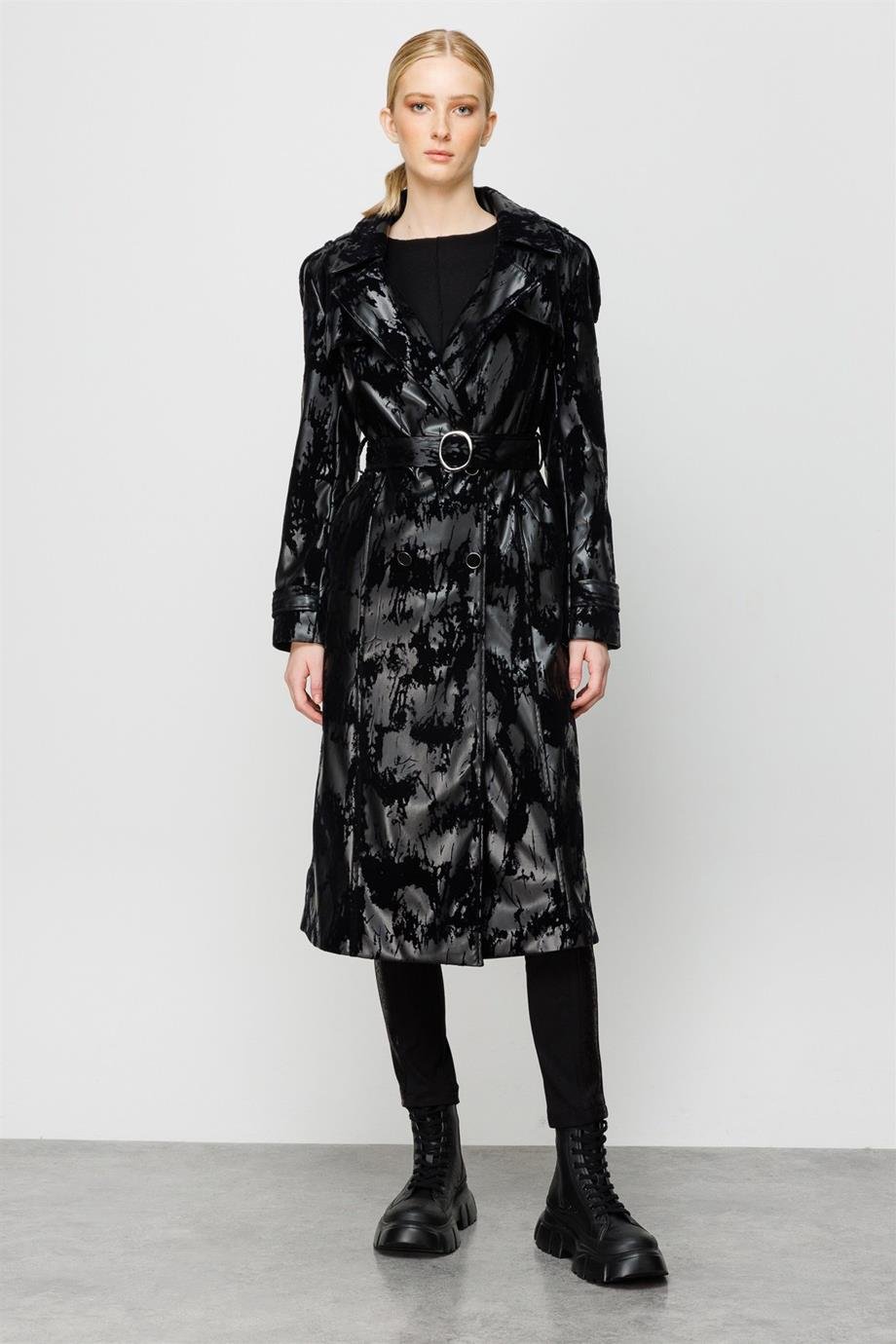 MODA İLGİDESENLİ KEMERLİ SİYAH KADIN TRENÇKOT 02542-2K3