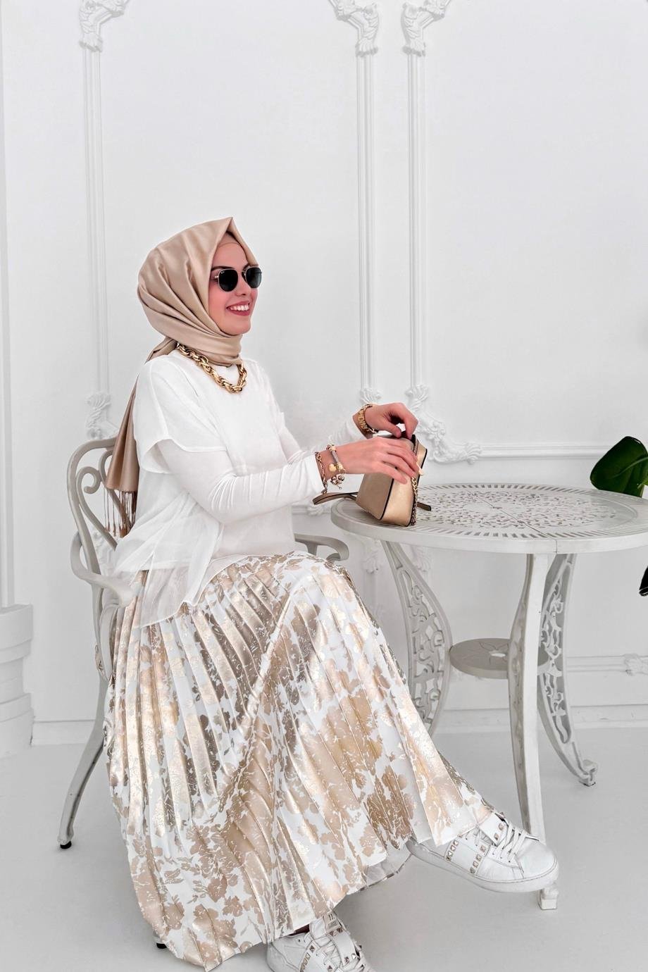 MOODBASİCPİLELİ UZUN EKRU KADIN ETEK MB09.50-2Y4