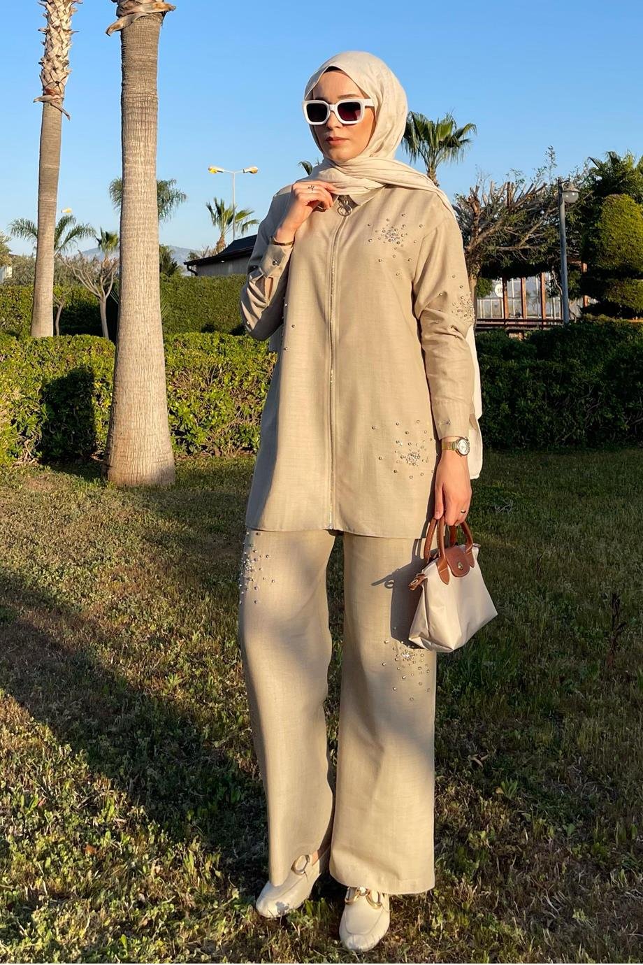 MOODBASİCTAŞLI FERMUARLI BEJ  KETEN TAKIM MB24.655-2Y5