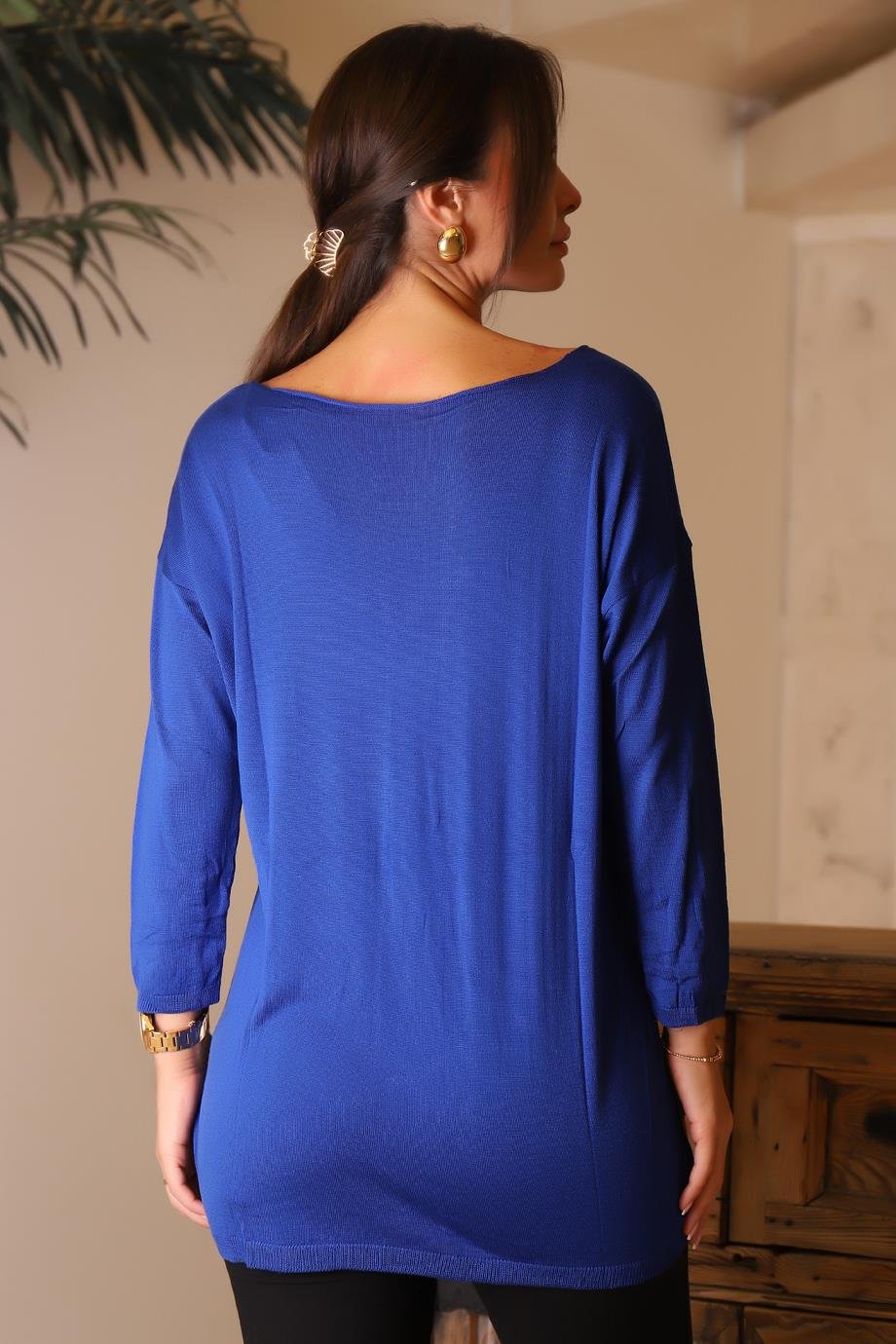 PUDRAGENİŞ YAKA UZUN KOLLU SAKS KADIN KAZAK 100160-2K5