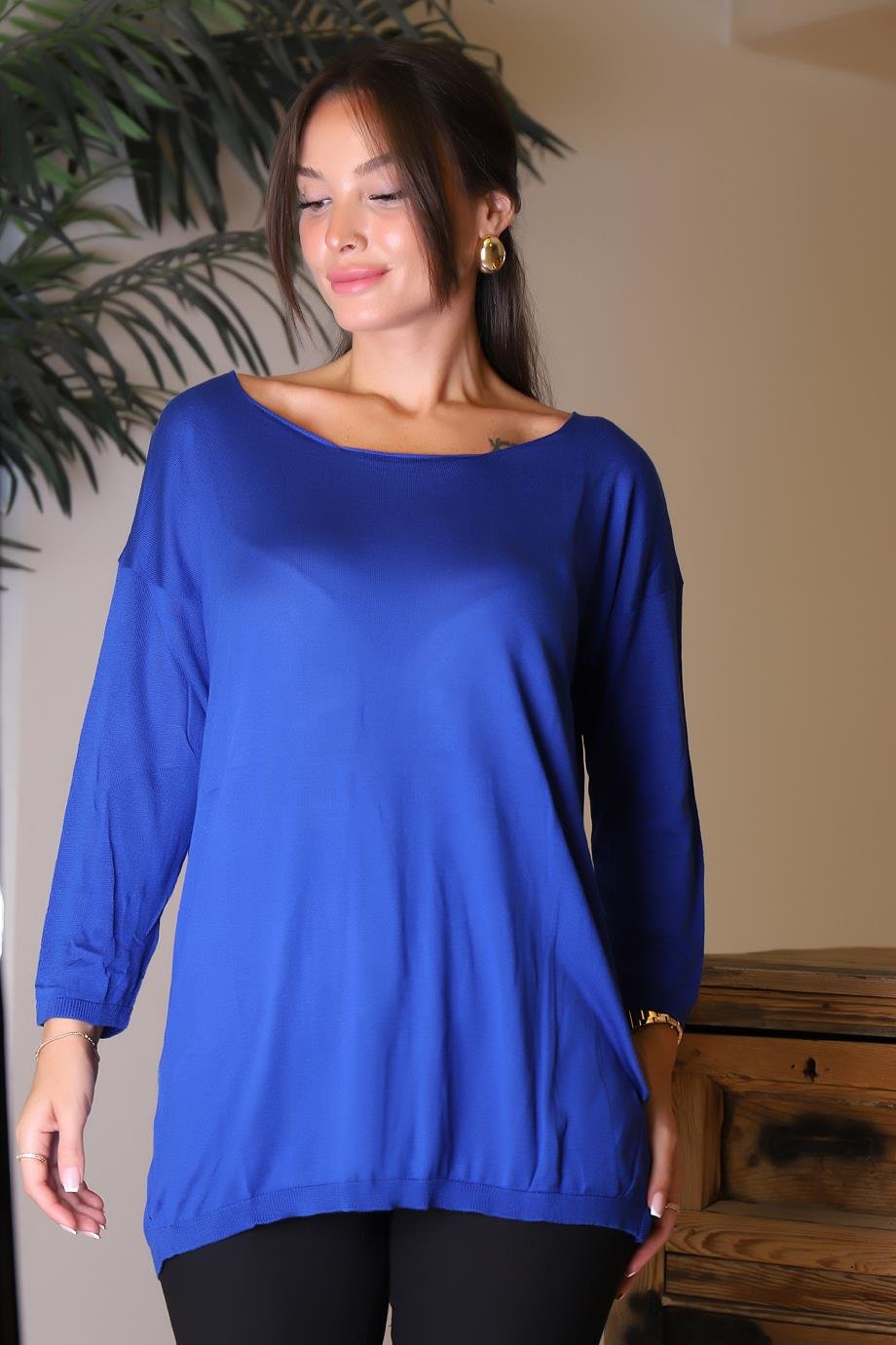 PUDRAGENİŞ YAKA UZUN KOLLU SAKS KADIN KAZAK 100160-2K5