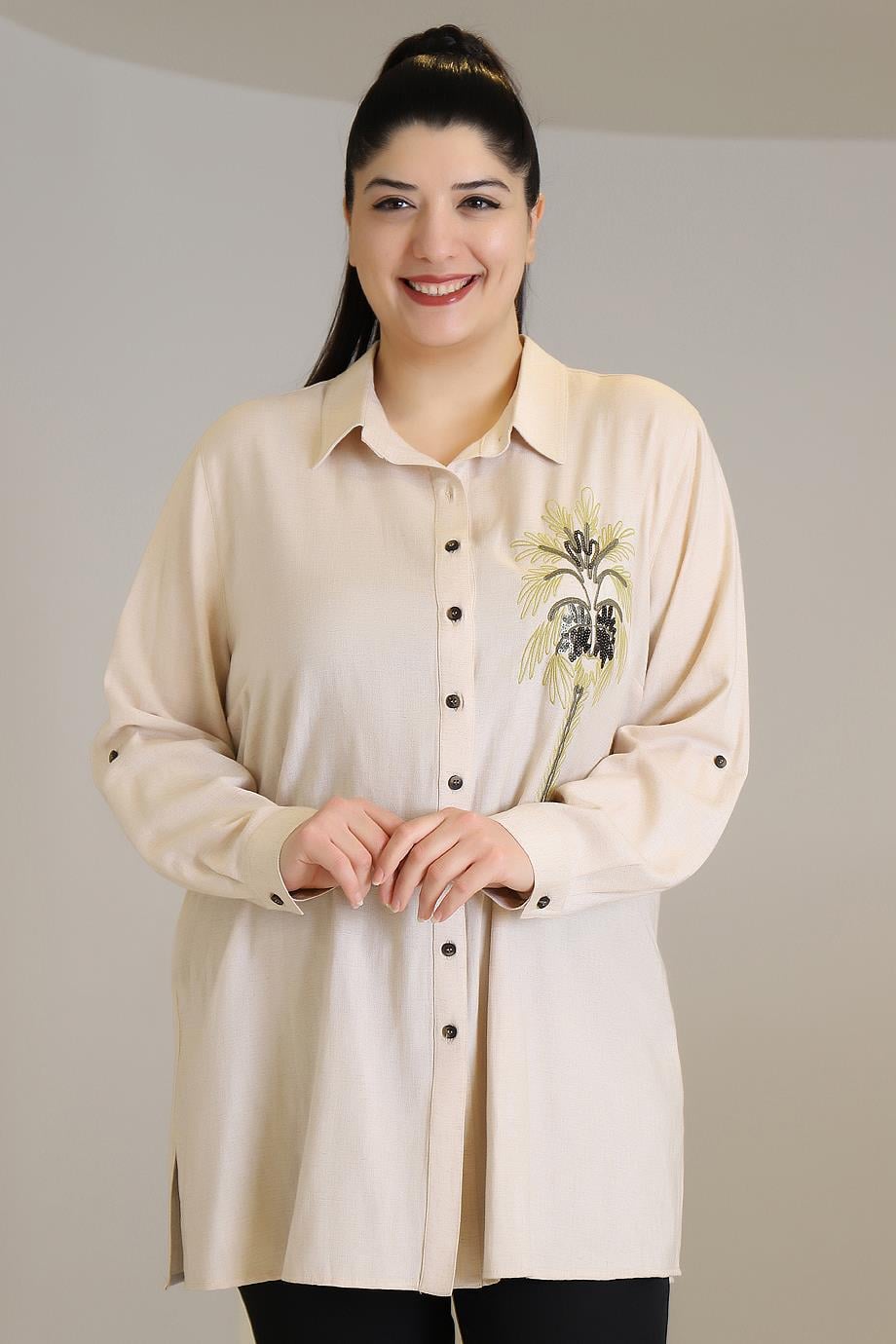 UZUN KOLLU İŞLEMELİ TAŞ KADIN GÖMLEK 04531-2Y3