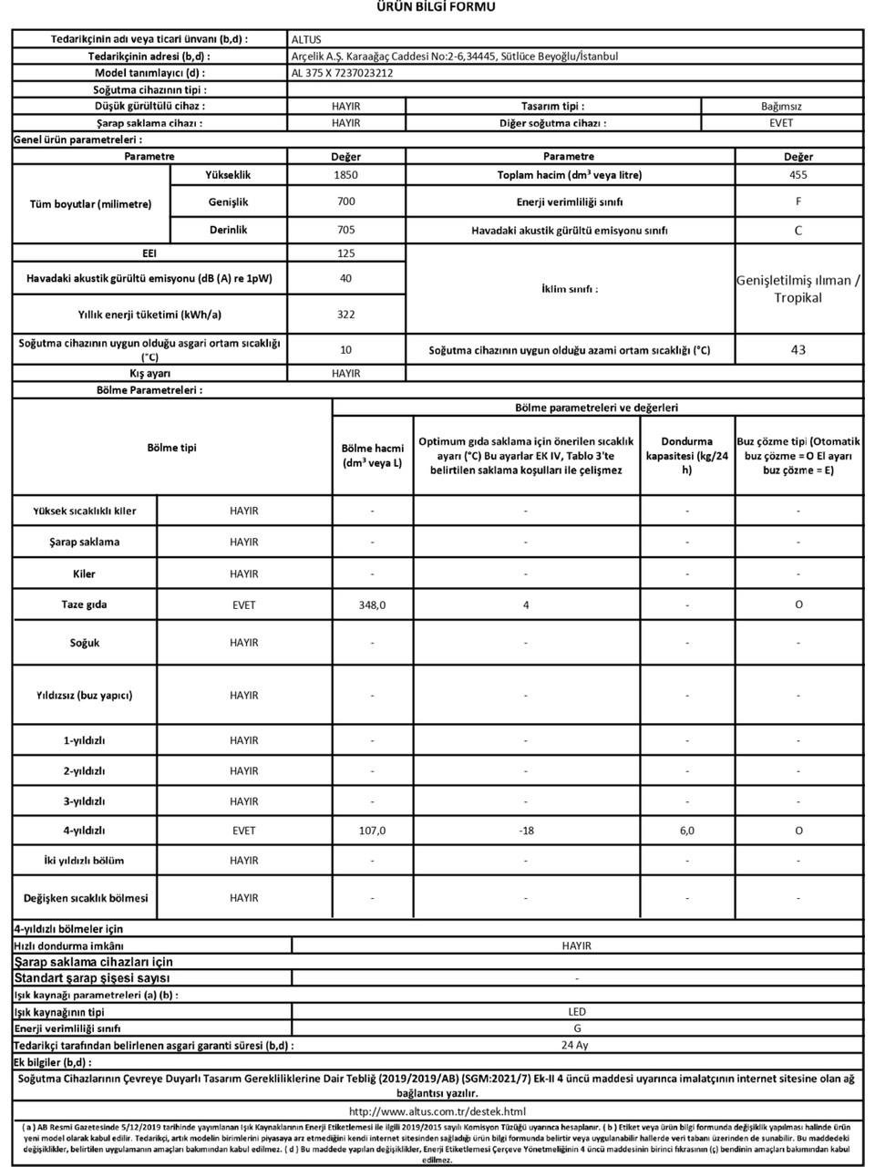 Altus AL 375 XE 477 LT No Frost Beyaz Buzdolabı