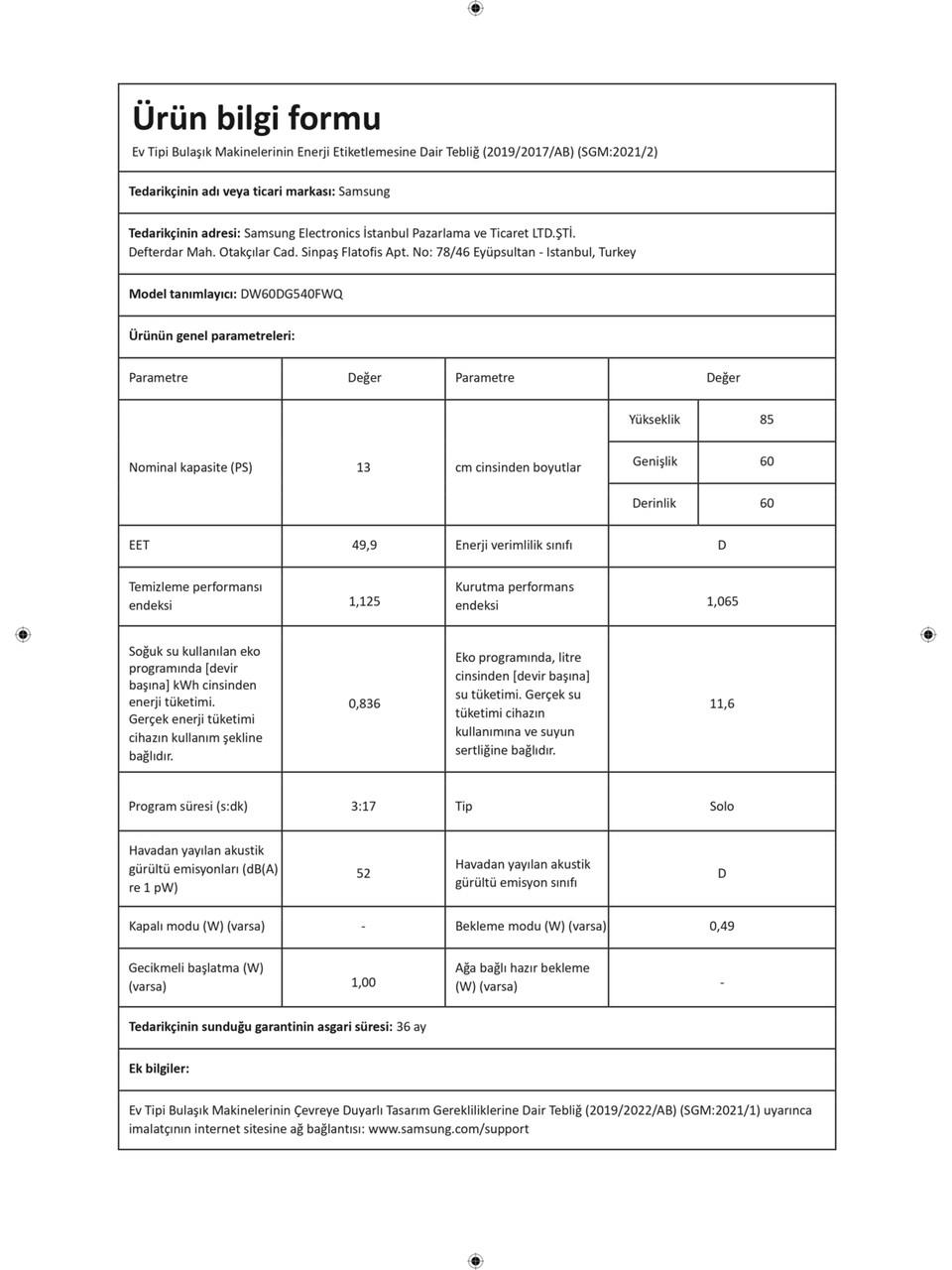 Samsung DW60DG540FWQ/TR 4 Programlı Bulaşık Makinesi