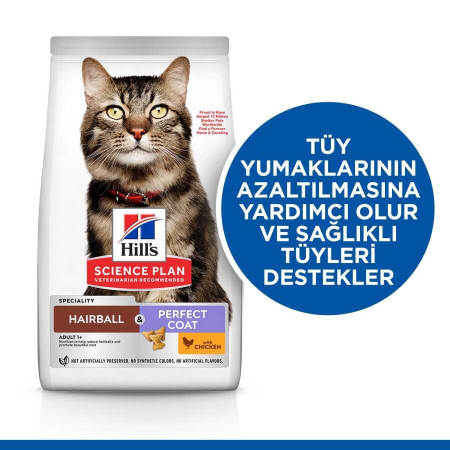 Hill's SCIENCE PLAN Hairball & Perfect Coat Tüy Yumağı Önleyici Tavuklu Yetişkin Kedi Maması 1,5Kg