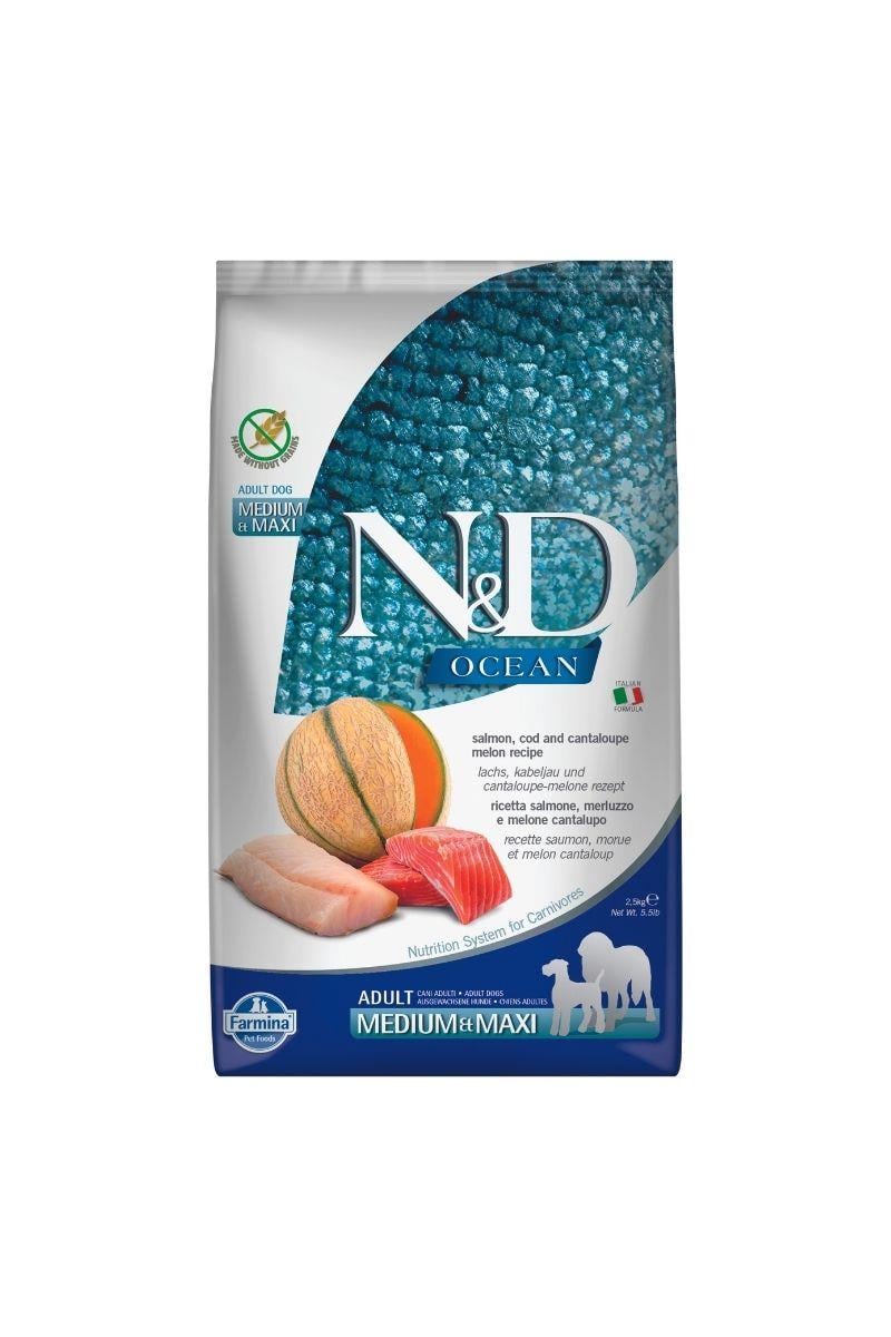 N&D Ocean Somon, Morina Balığı & Kavun Orta ve İri Irk Tahılsız Yetişkin Köpek Maması  2,5 Kg