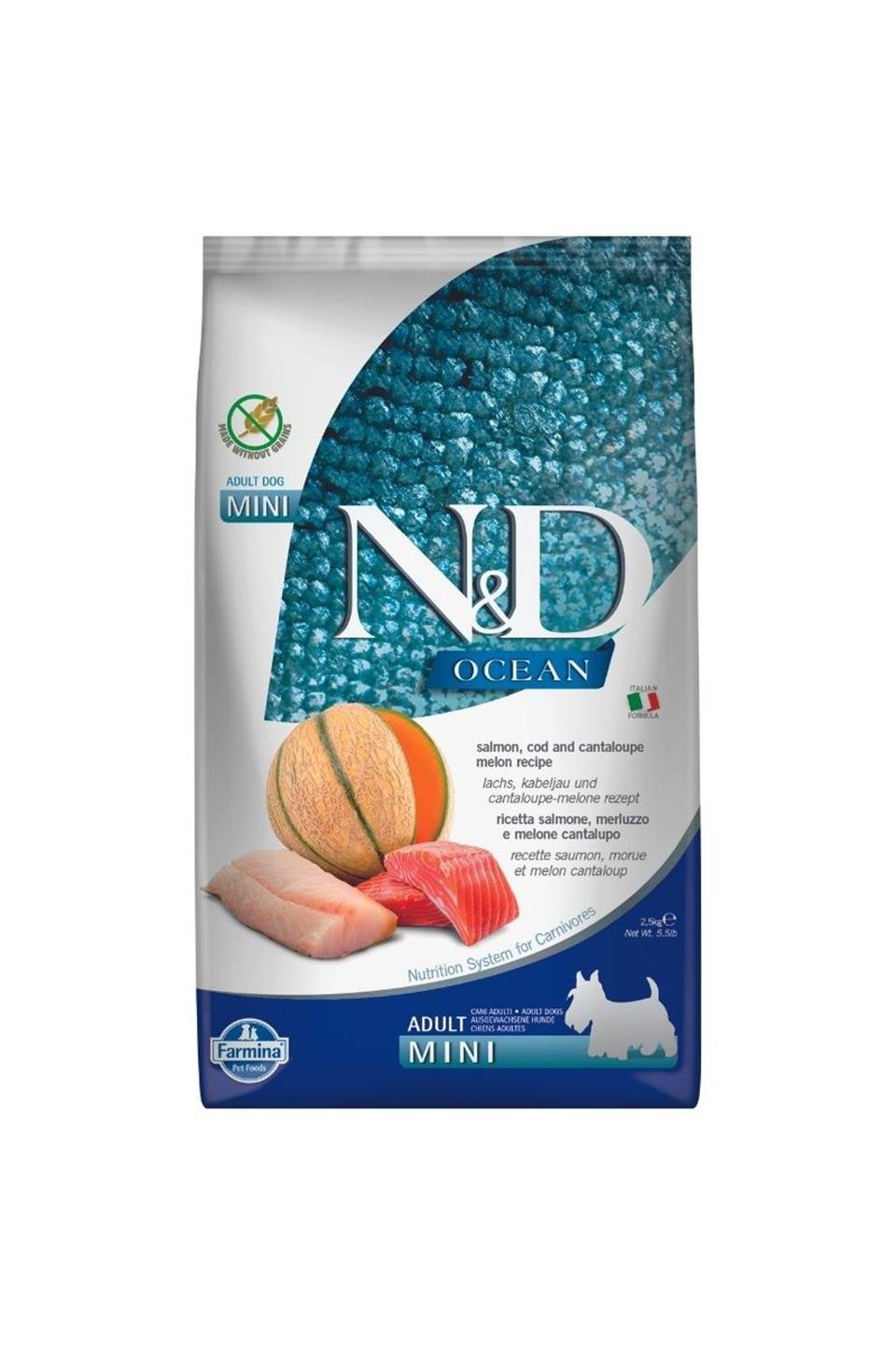 N&D Ocean Somonlu, Morina Balıklı & Kavun Küçük Irk Yetişkin Köpek Maması 2,5 Kg 